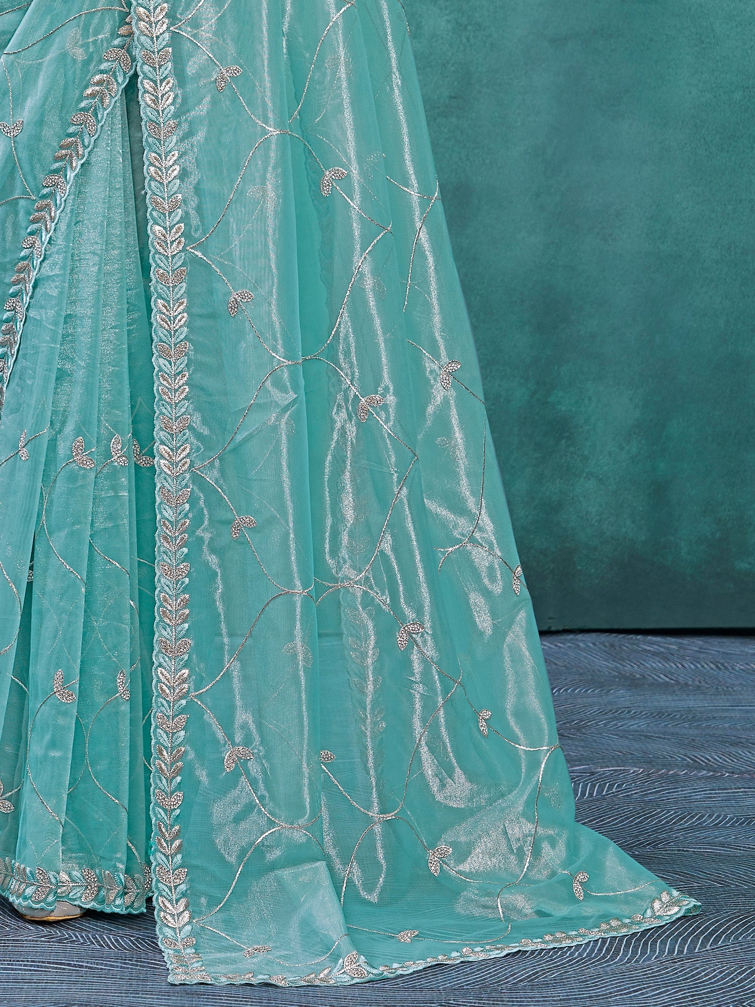 Sky Blue Soft Net With Silver Zari And Beads Work Saree - Ressa