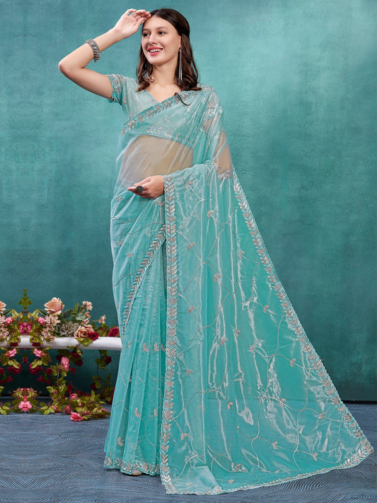 Sky Blue Soft Net With Silver Zari And Beads Work Saree - Ressa