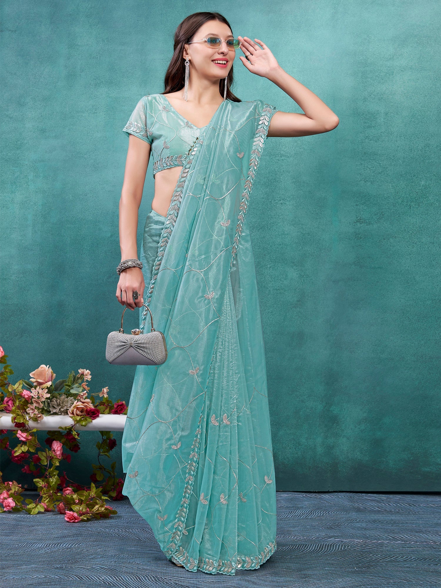 Sky Blue Soft Net With Silver Zari And Beads Work Saree - Ressa