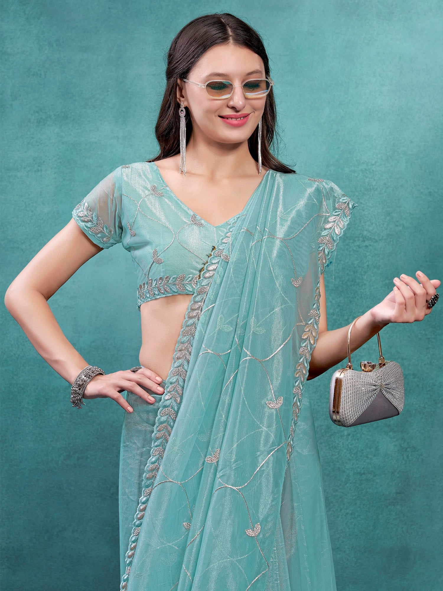 Sky Blue Soft Net With Silver Zari And Beads Work Saree - Ressa