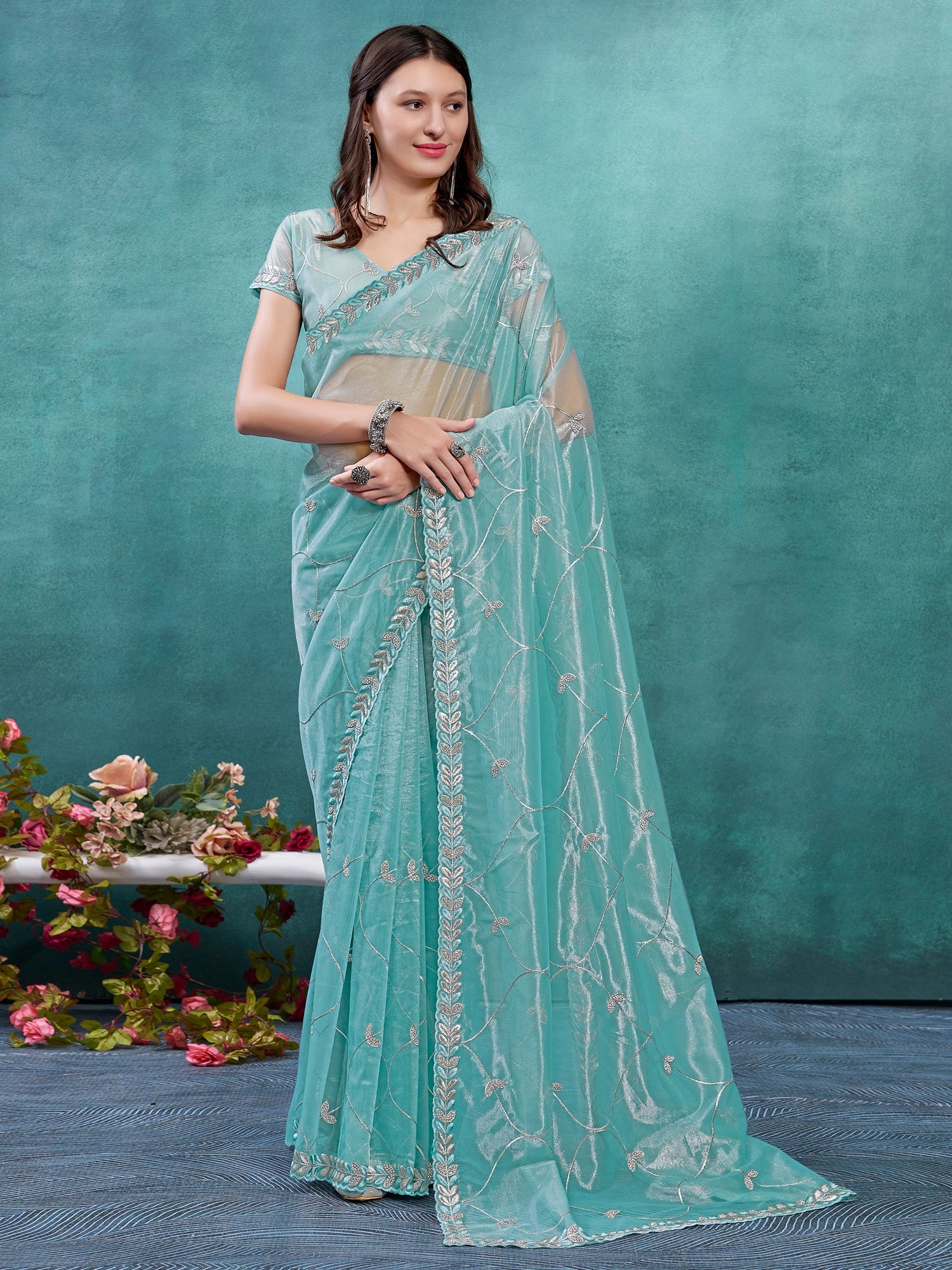 Sky Blue Soft Net With Silver Zari And Beads Work Saree - Ressa