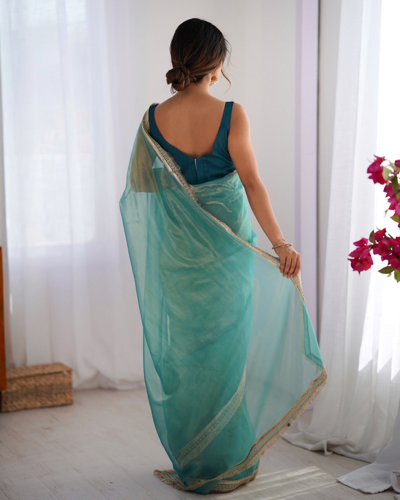 Sky Blue Solid Net Saree with Scalloped Border - Ressa