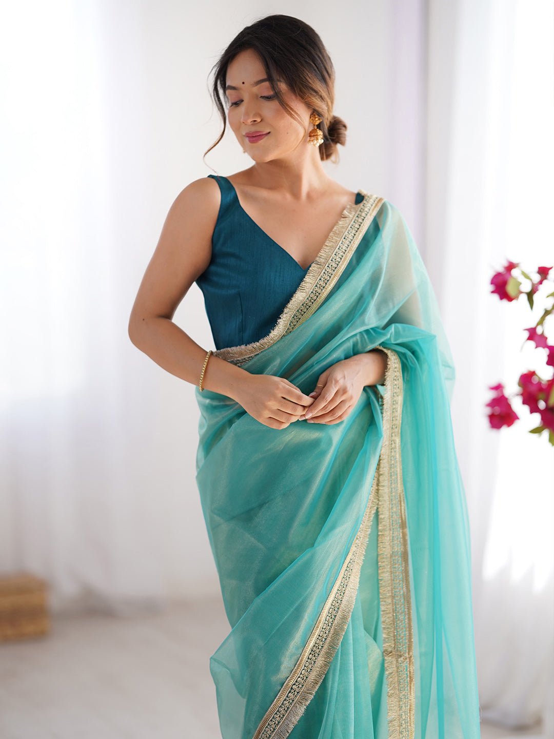 Sky Blue Solid Net Saree with Scalloped Border - Ressa