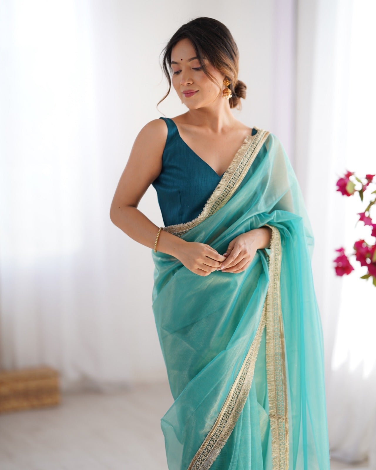 Sky Blue Solid Net Saree with Scalloped Border - Ressa