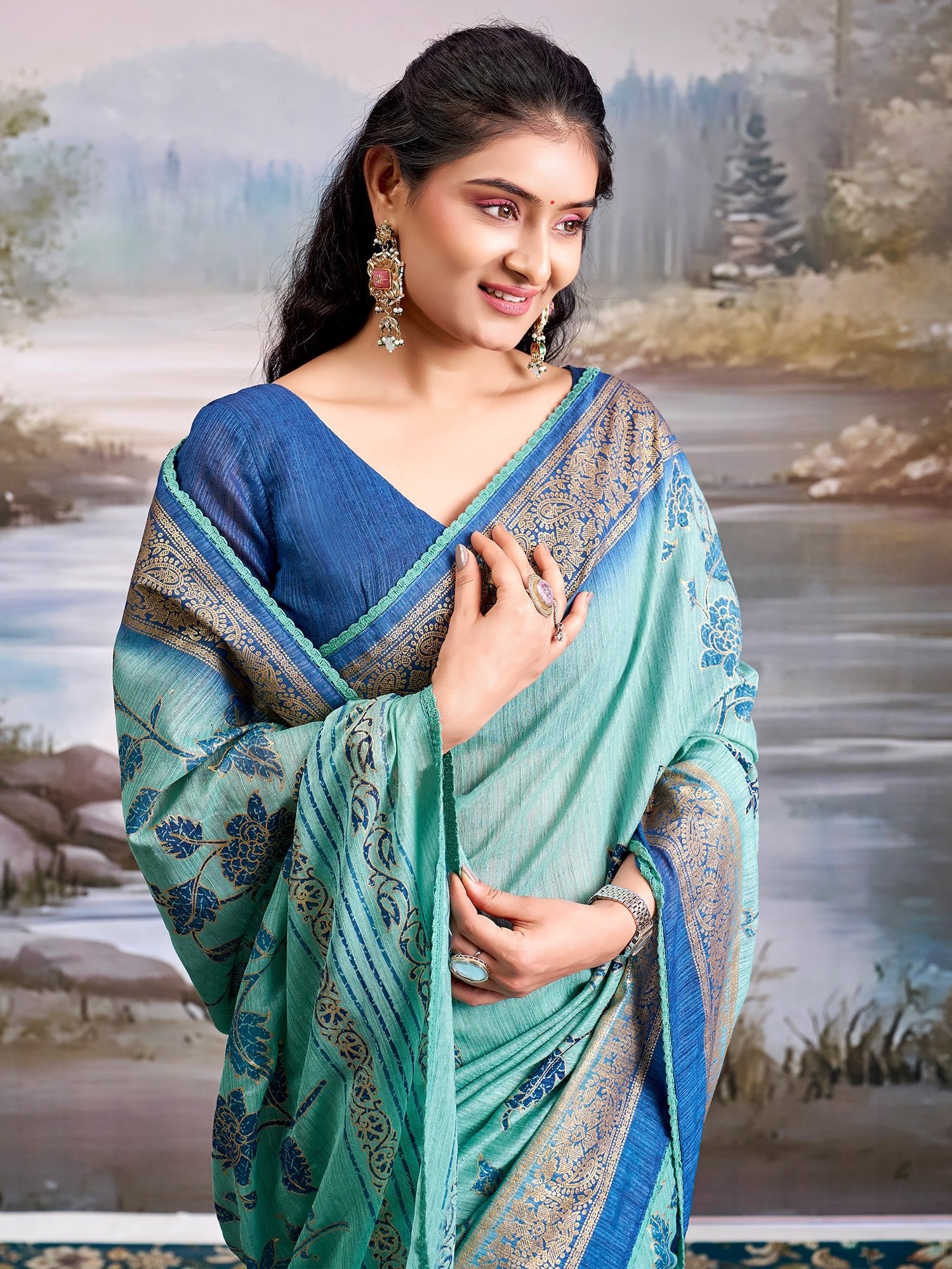 Sky Blue Tissue Silk Saree with Floral Motifs - Ressa