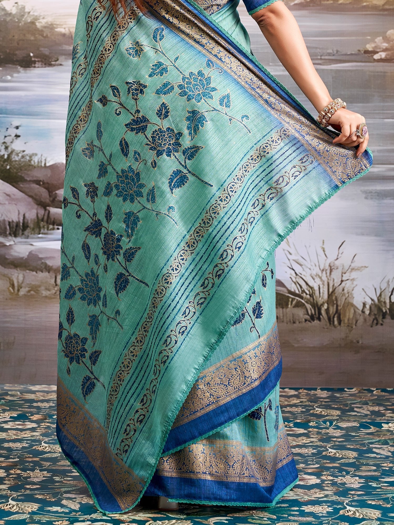 Sky Blue Tissue Silk Saree with Floral Motifs - Ressa