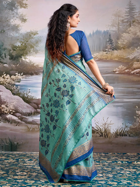 Sky Blue Tissue Silk Saree with Floral Motifs - Ressa