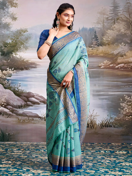 Sky Blue Tissue Silk Saree with Floral Motifs - Ressa
