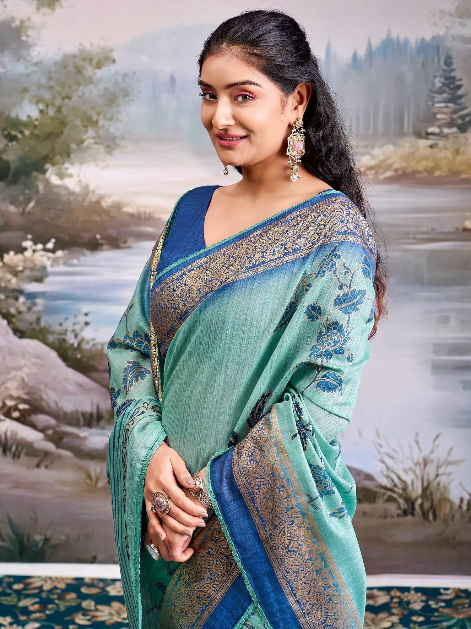 Sky Blue Tissue Silk Saree with Floral Motifs - Ressa