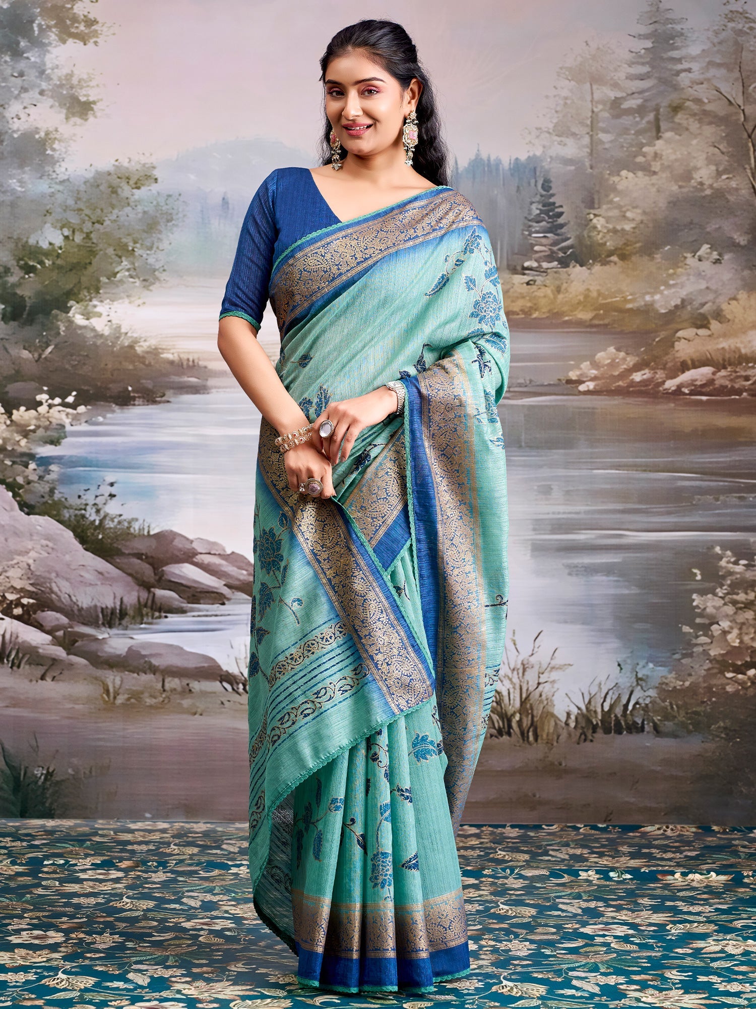 Sky Blue Tissue Silk Saree with Floral Motifs - Ressa