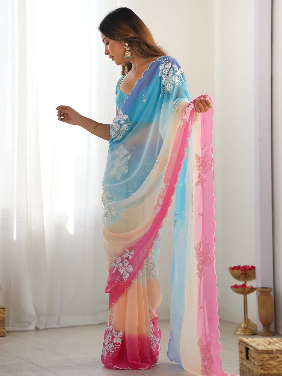 Sky Blue to Pink Ombre Georgette Saree - Ressa