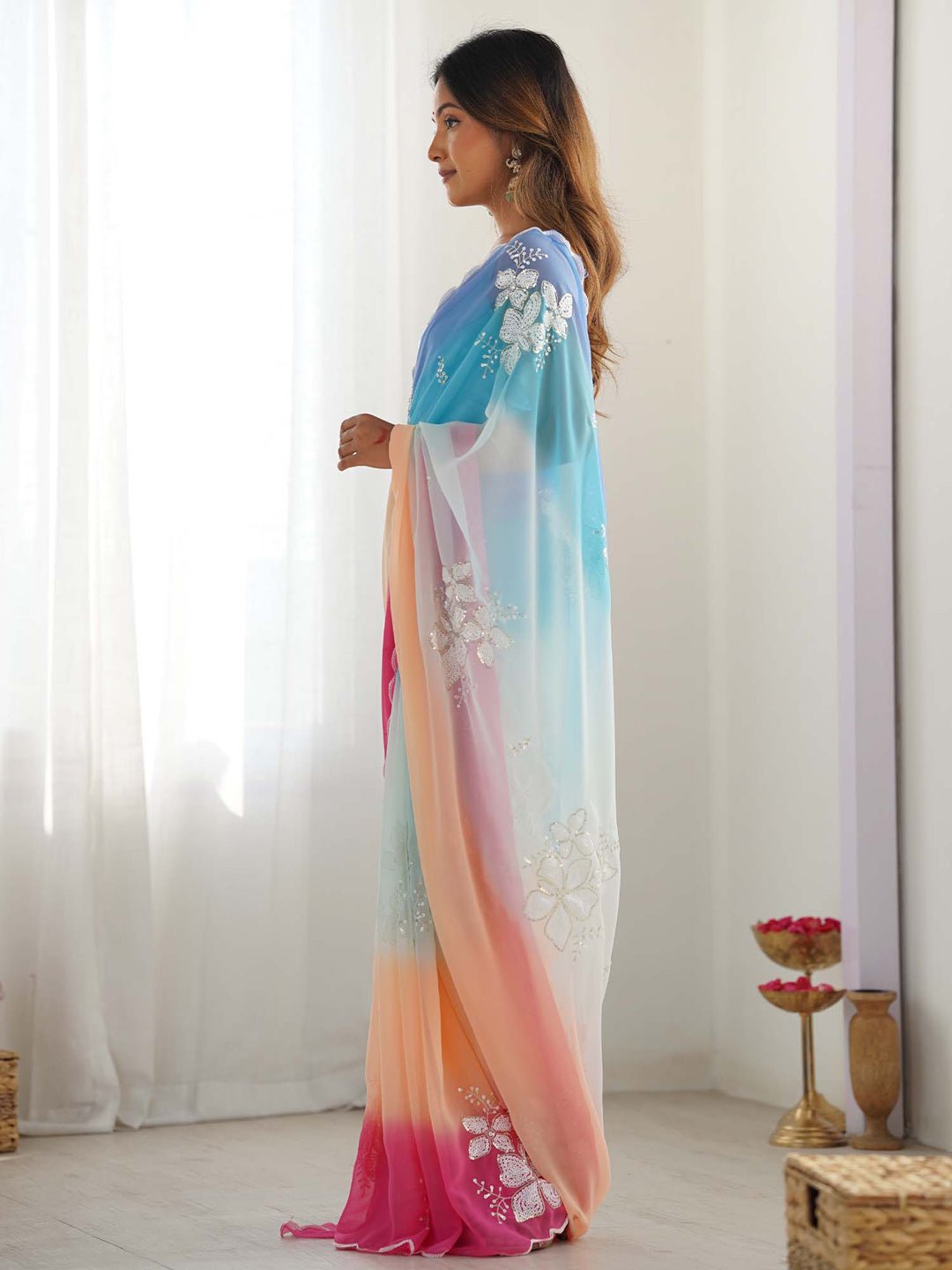 Sky Blue to Pink Ombre Georgette Saree - Ressa