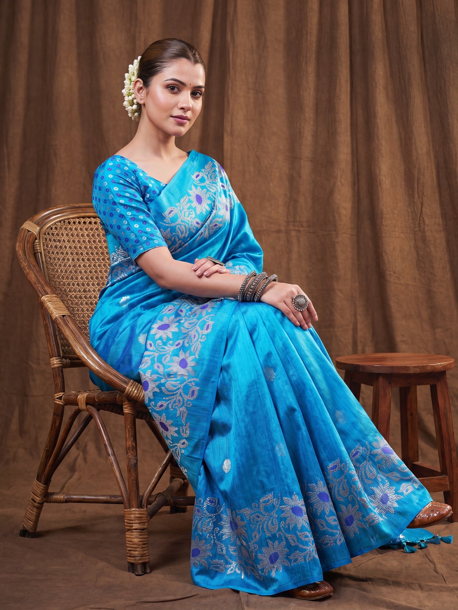 Sky Blue Tussar Silk Madhubani Inspired Floral Print Saree - Ressa