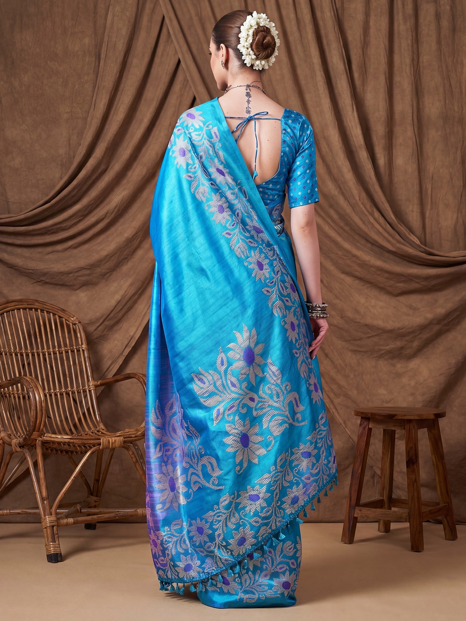 Sky Blue Tussar Silk Madhubani Inspired Floral Print Saree - Ressa