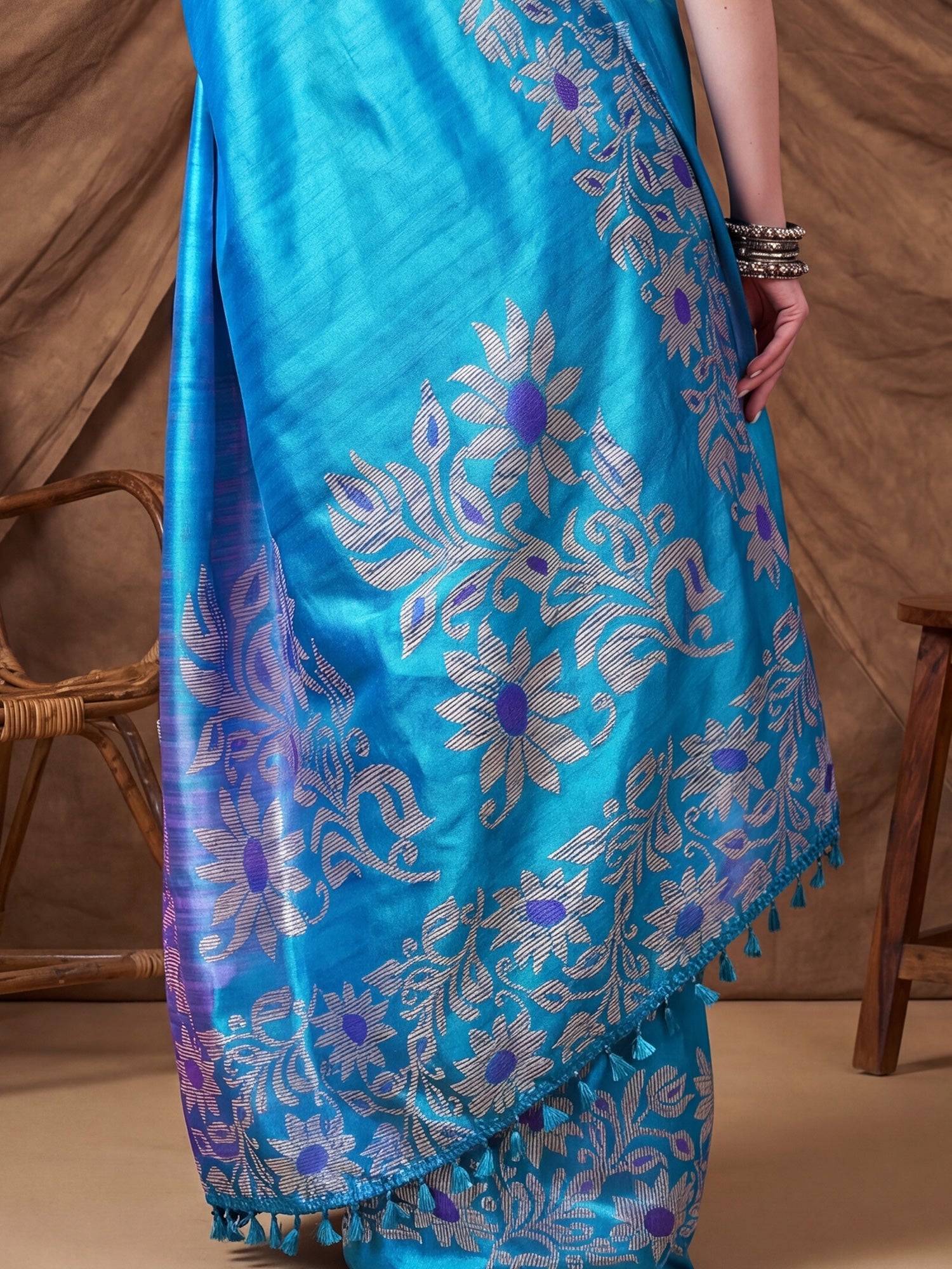 Sky Blue Tussar Silk Madhubani Inspired Floral Print Saree - Ressa