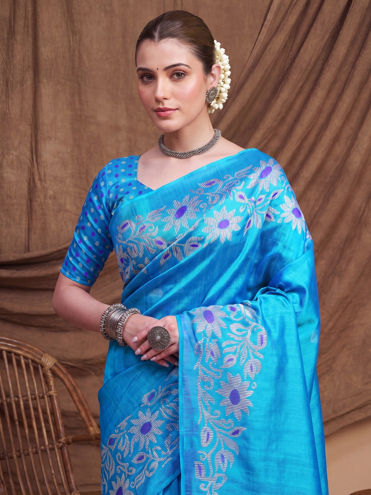 Sky Blue Tussar Silk Madhubani Inspired Floral Print Saree - Ressa