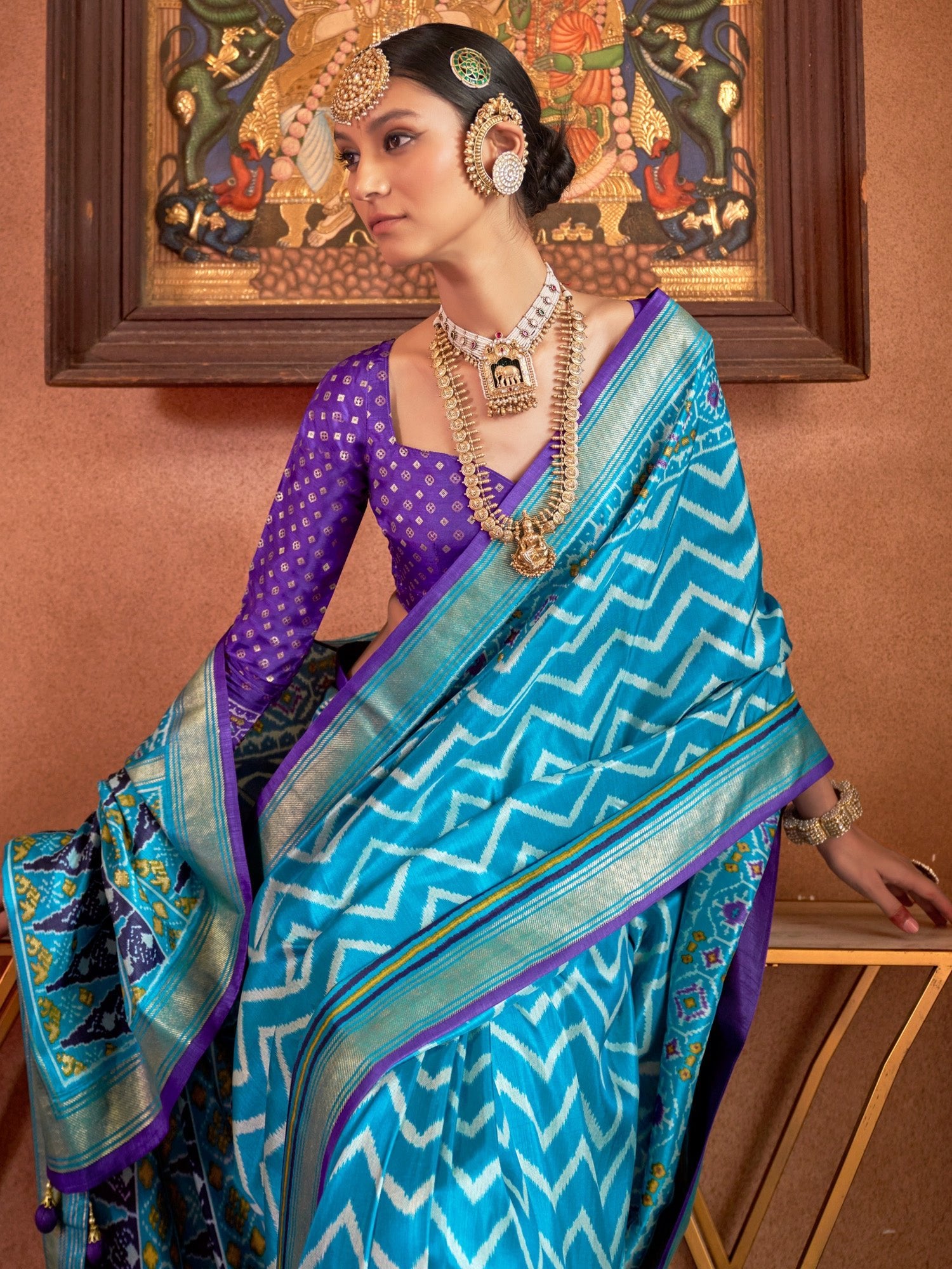 Sky Blue & Violet Silk Blend Heritage Patola Style Digital Printed Saree - Ressa