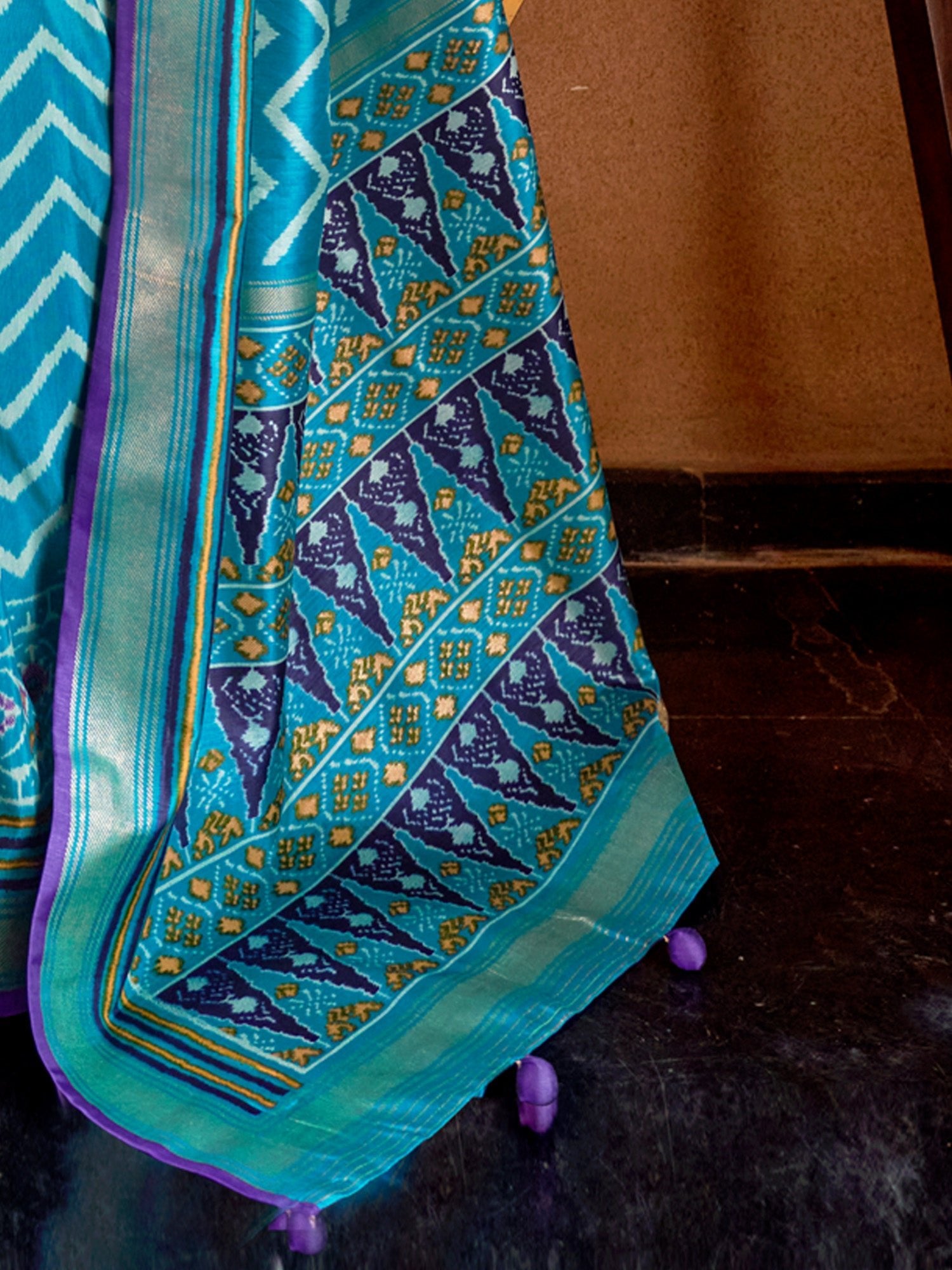Sky Blue & Violet Silk Blend Heritage Patola Style Digital Printed Saree - Ressa