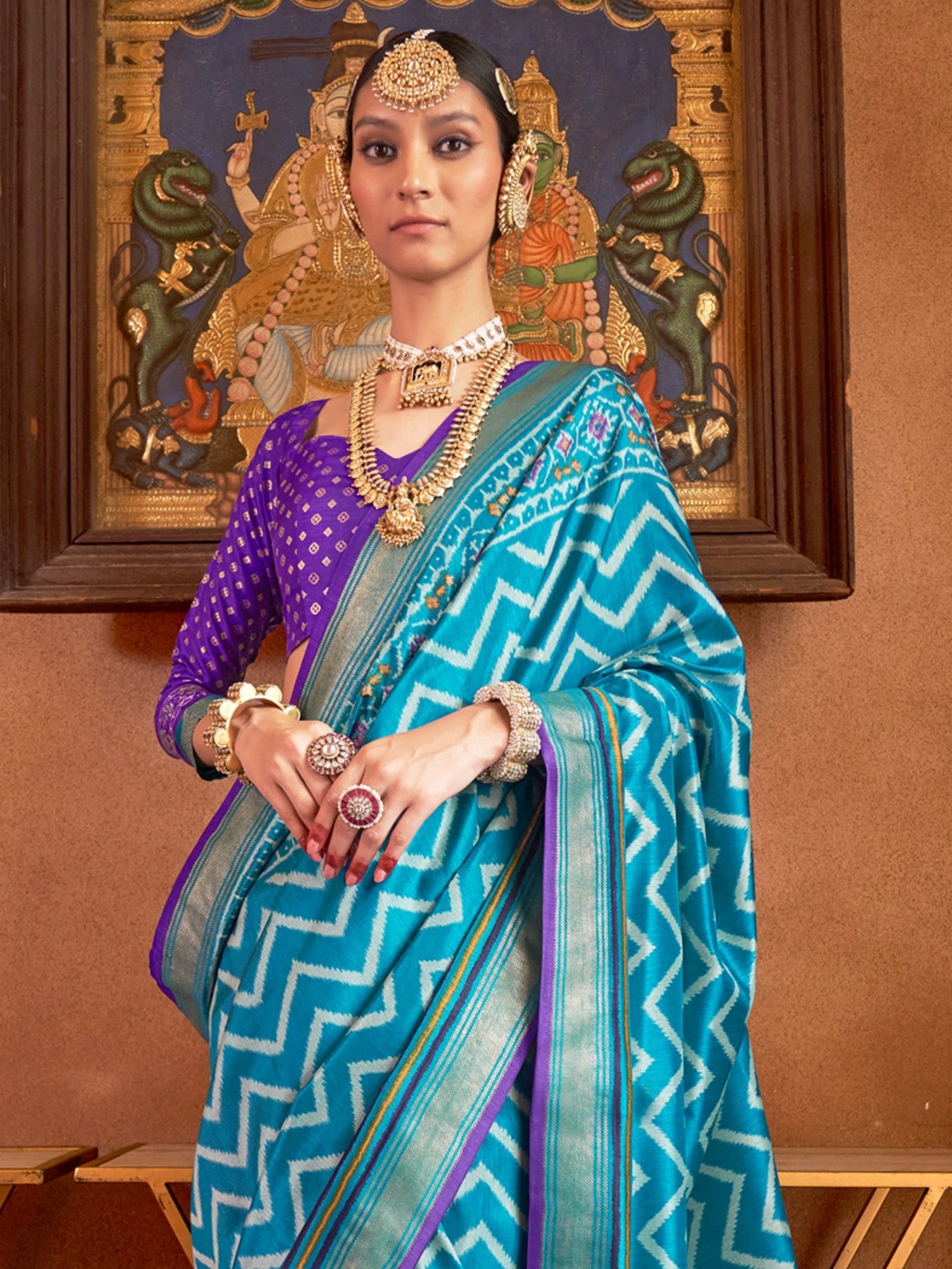 Sky Blue & Violet Silk Blend Heritage Patola Style Digital Printed Saree - Ressa