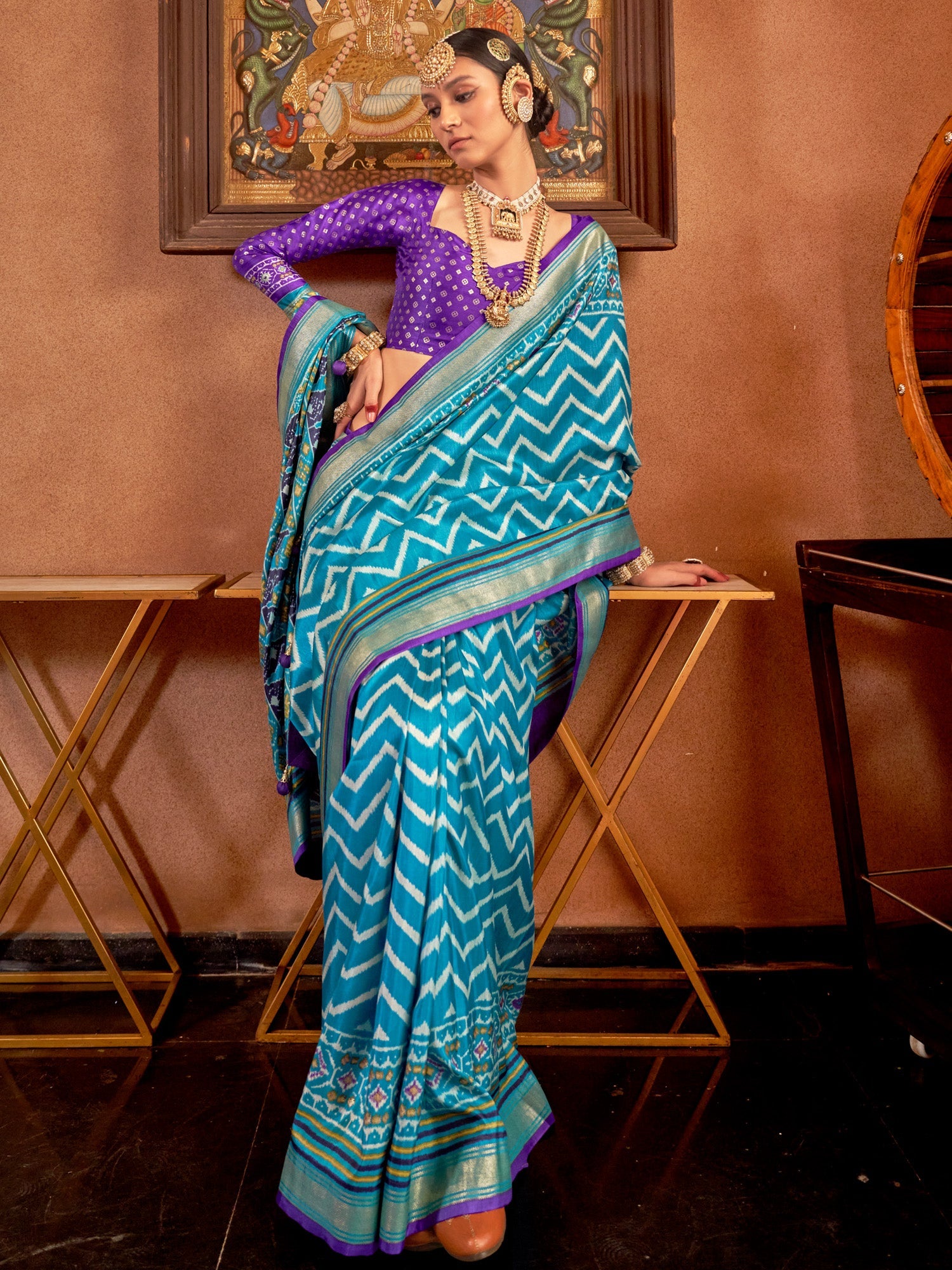 Sky Blue & Violet Silk Blend Heritage Patola Style Digital Printed Saree - Ressa