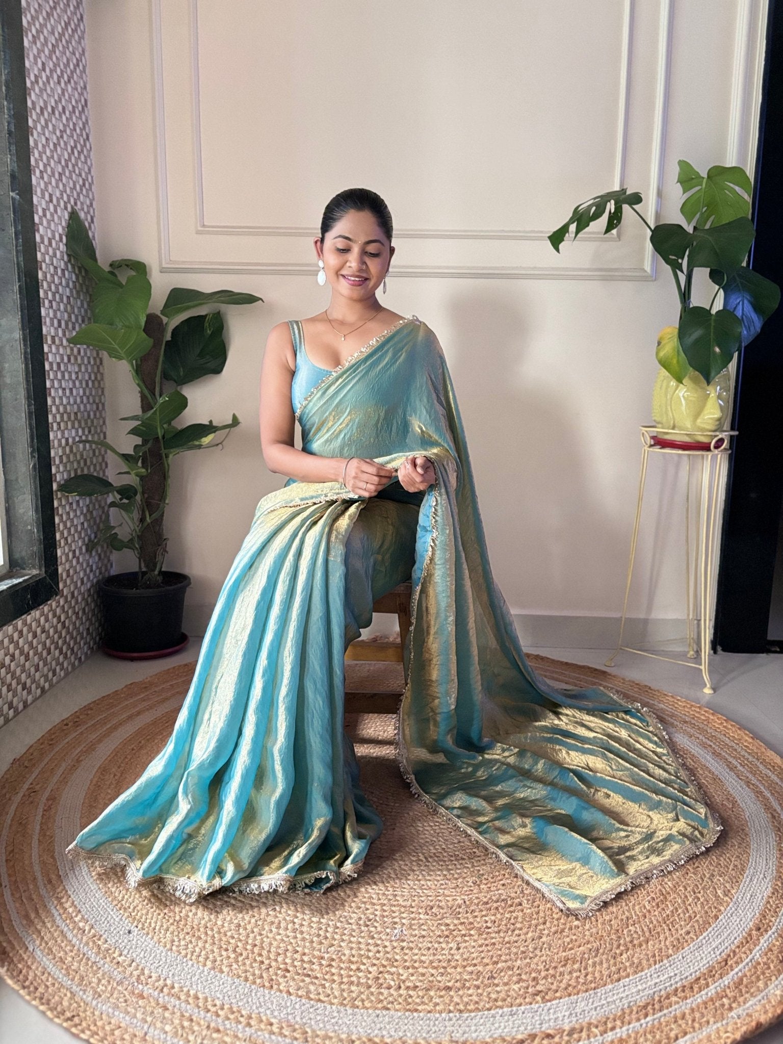 Sky Teal Blue Paper Silk Saree - Ressa