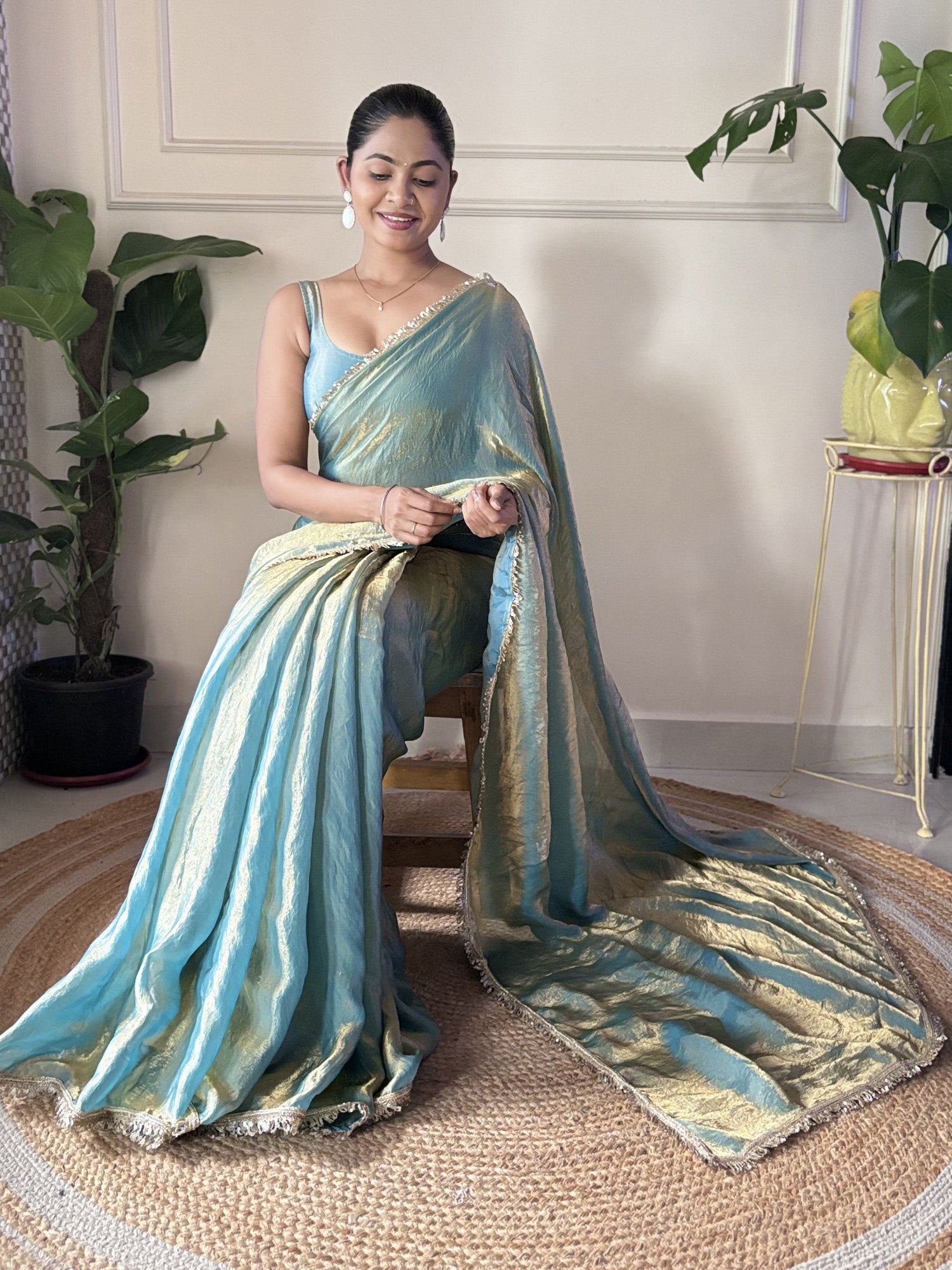 Sky Teal Blue Paper Silk Saree - Ressa
