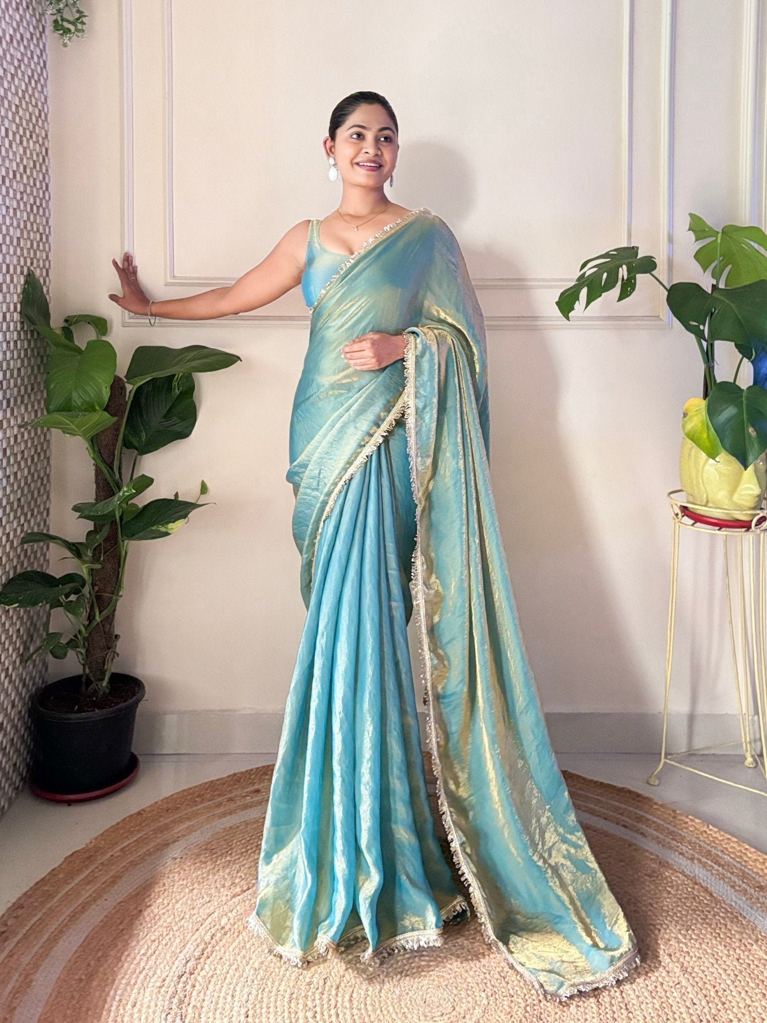 Sky Teal Blue Paper Silk Saree - Ressa