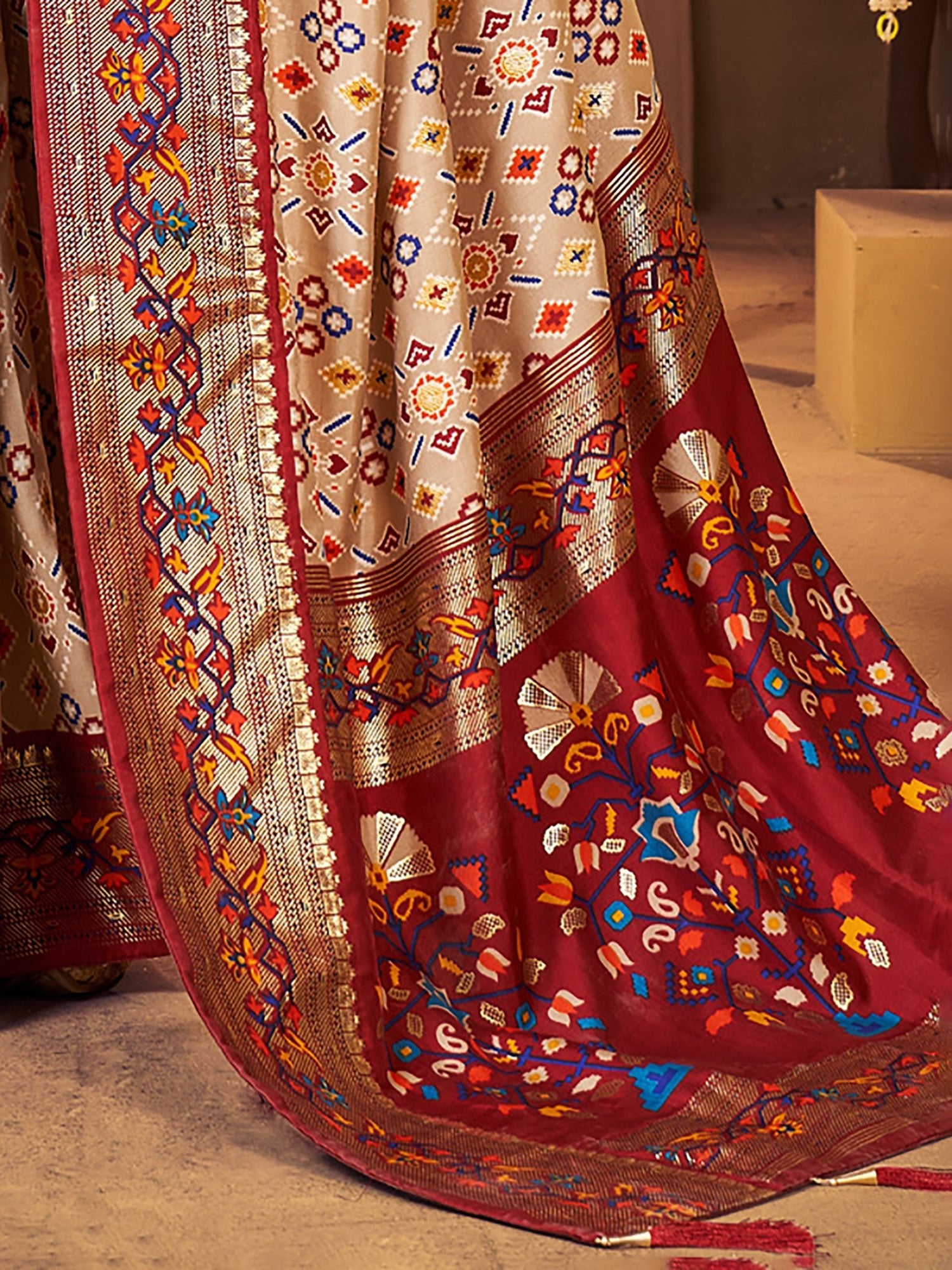 Cream & Maroon Patola Silk Saree - Ressa