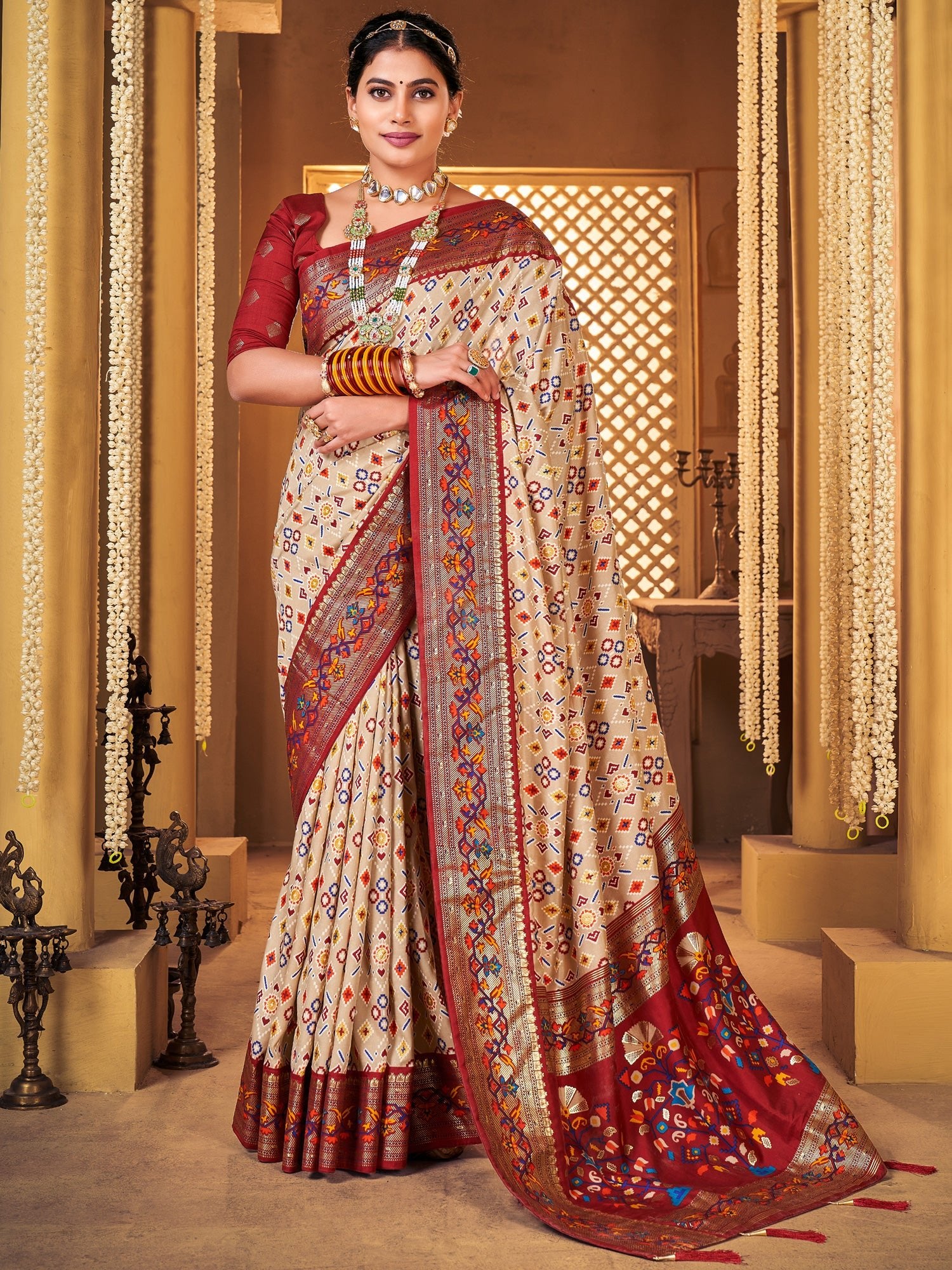 Cream & Maroon Patola Silk Saree - Ressa