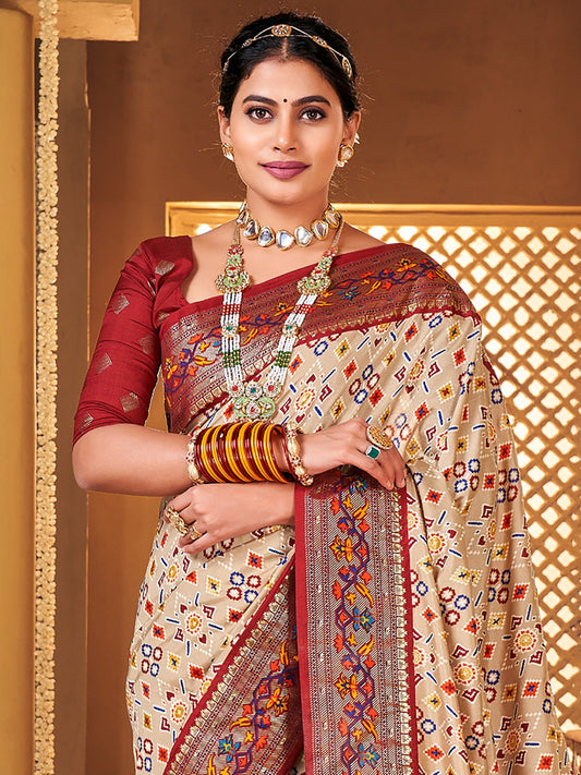 Cream & Maroon Patola Silk Saree - Ressa