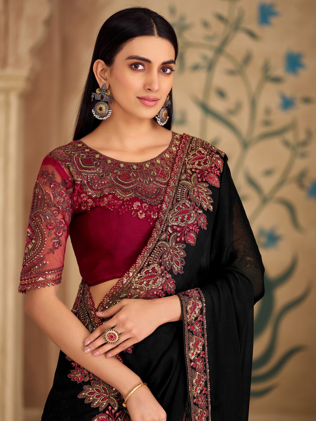 Black Satin Silk Emblished Party Wear Saree - Ressa