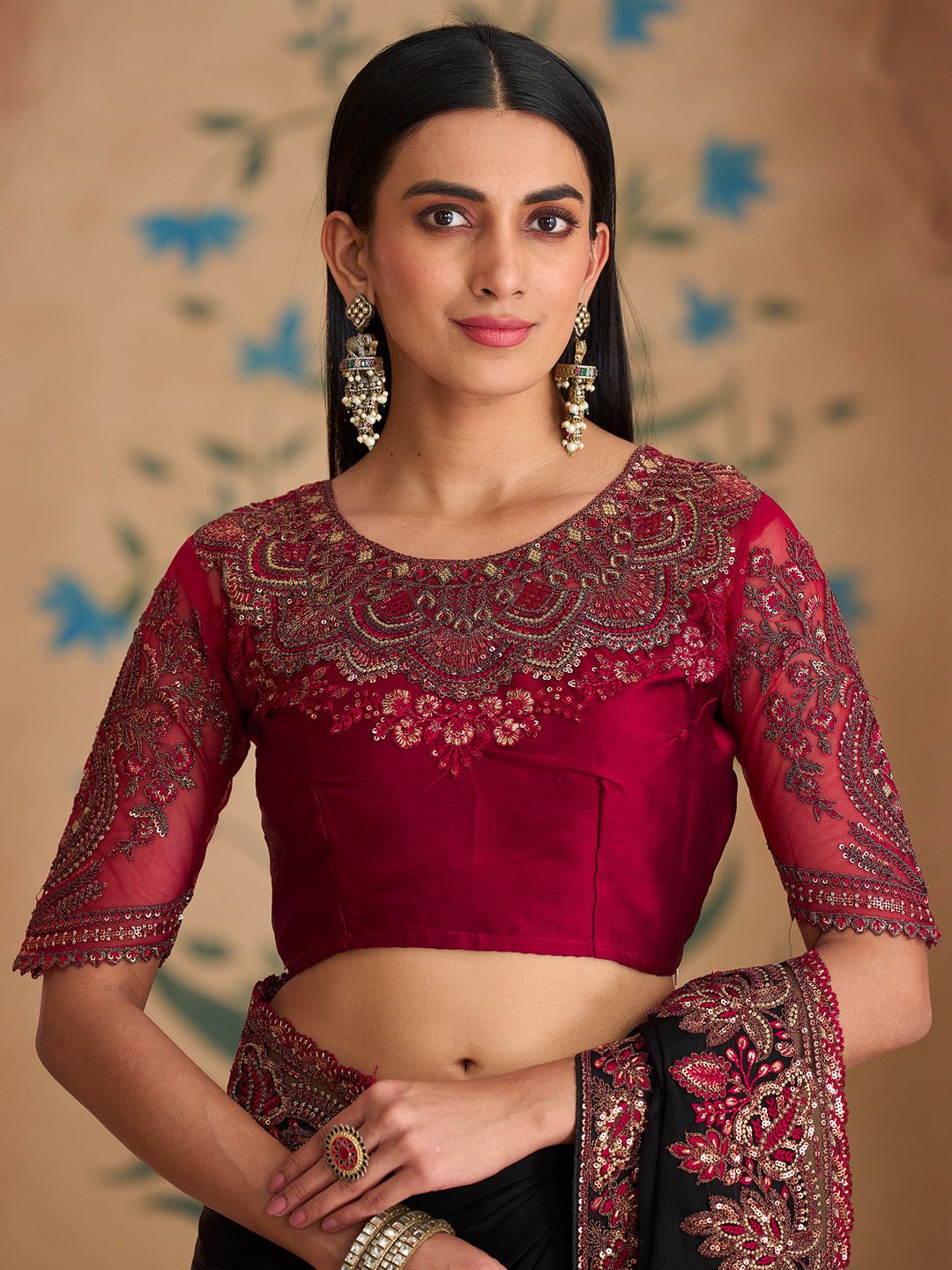 Black Satin Silk Emblished Party Wear Saree - Ressa