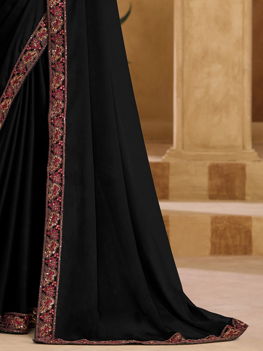 Black Satin Silk Emblished Party Wear Saree - Ressa