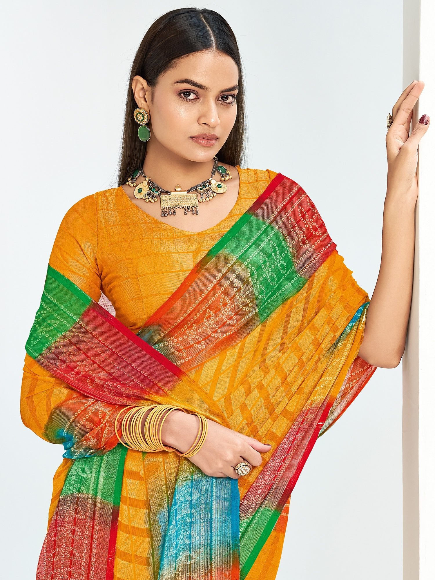 Sona Dhiya Bandhani Georgette Saree in Mango Yellow with Rainbow Border - Ressa