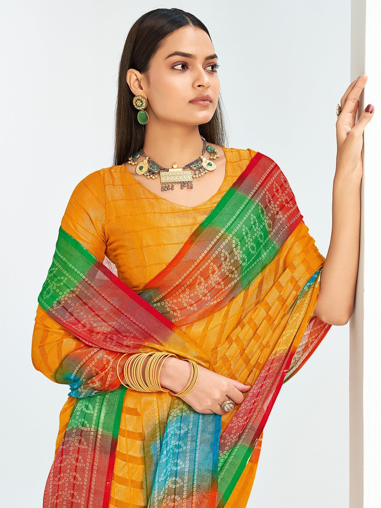 Sona Dhiya Bandhani Georgette Saree in Mango Yellow with Rainbow Border - Ressa