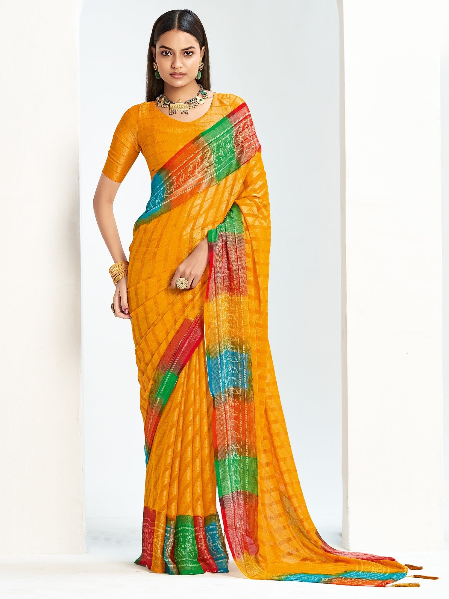 Sona Dhiya Bandhani Georgette Saree in Mango Yellow with Rainbow Border - Ressa