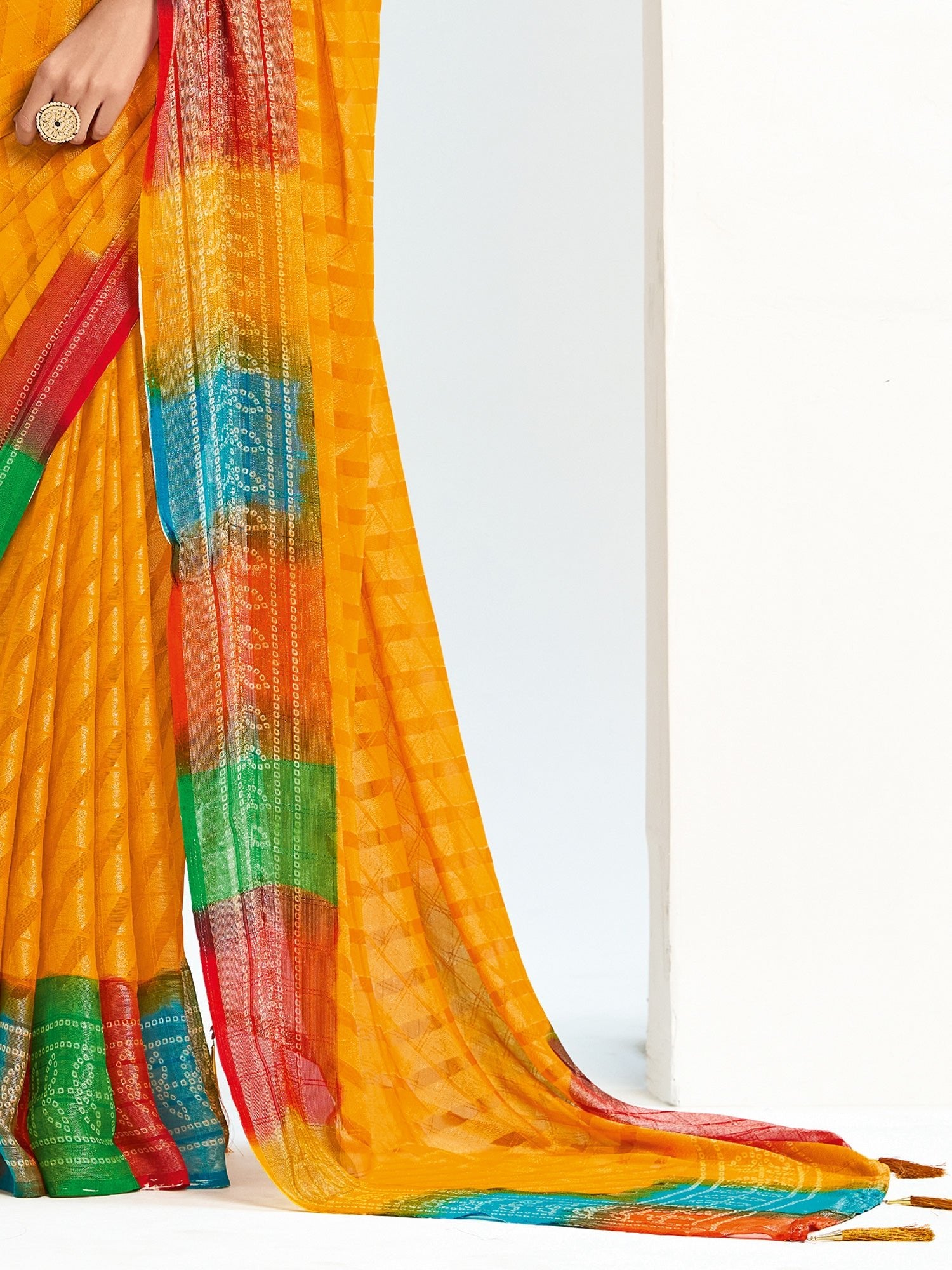 Sona Dhiya Bandhani Georgette Saree in Mango Yellow with Rainbow Border - Ressa