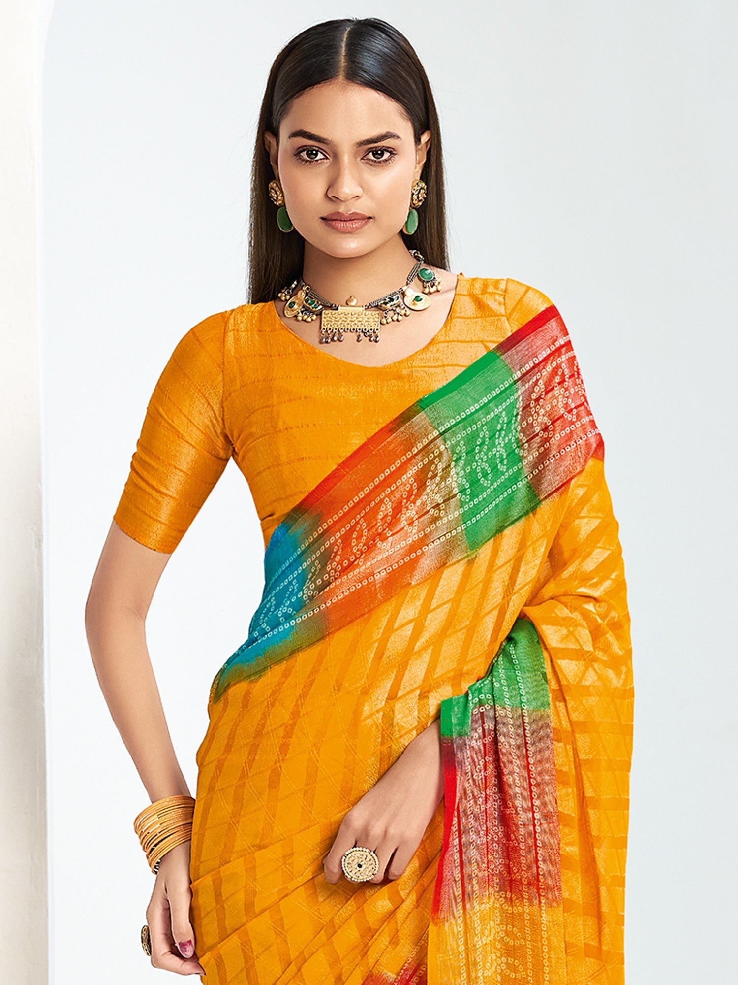 Sona Dhiya Bandhani Georgette Saree in Mango Yellow with Rainbow Border - Ressa