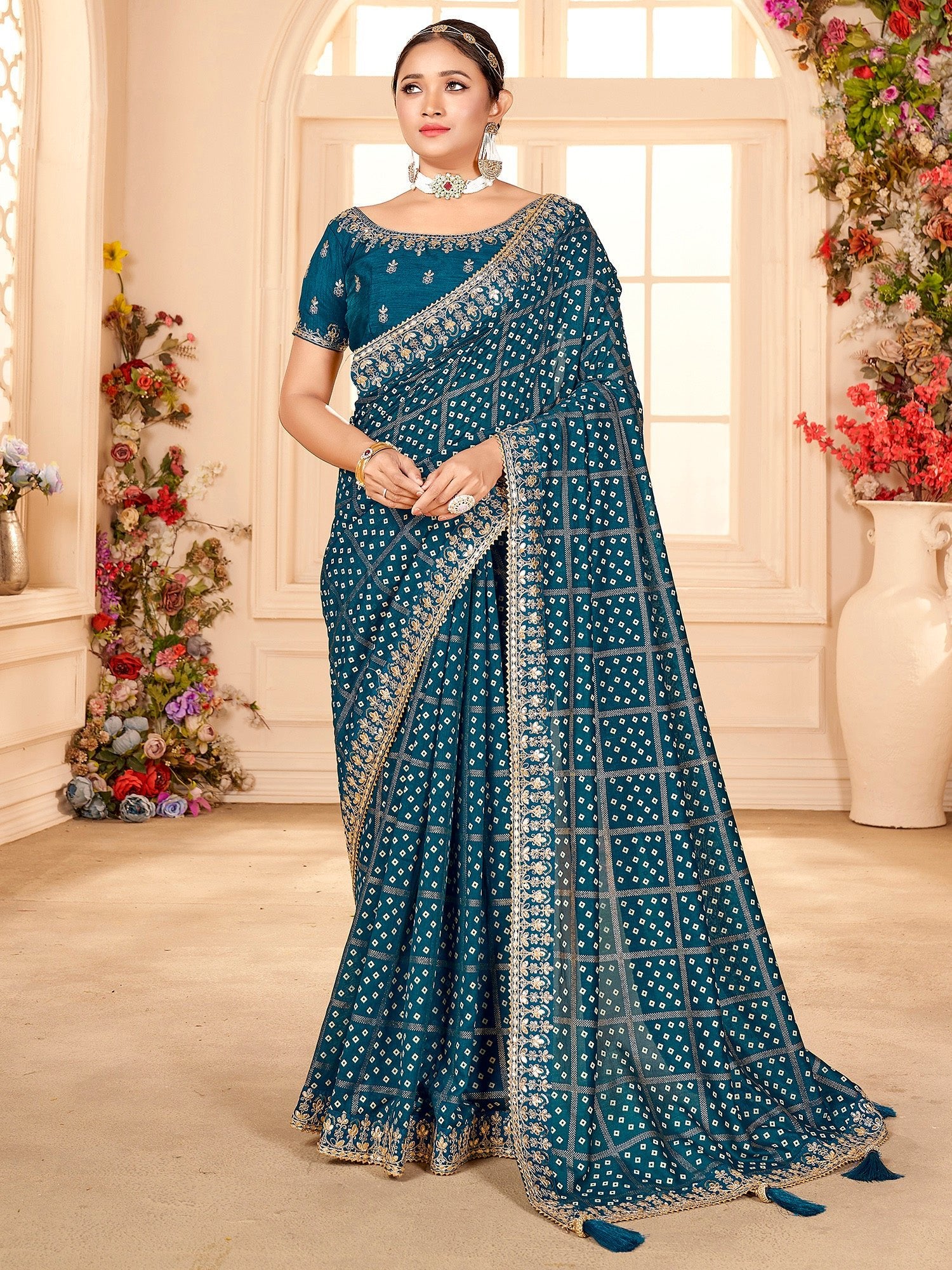 Sophisticated Rama Blue Embroidered Saree - Ressa