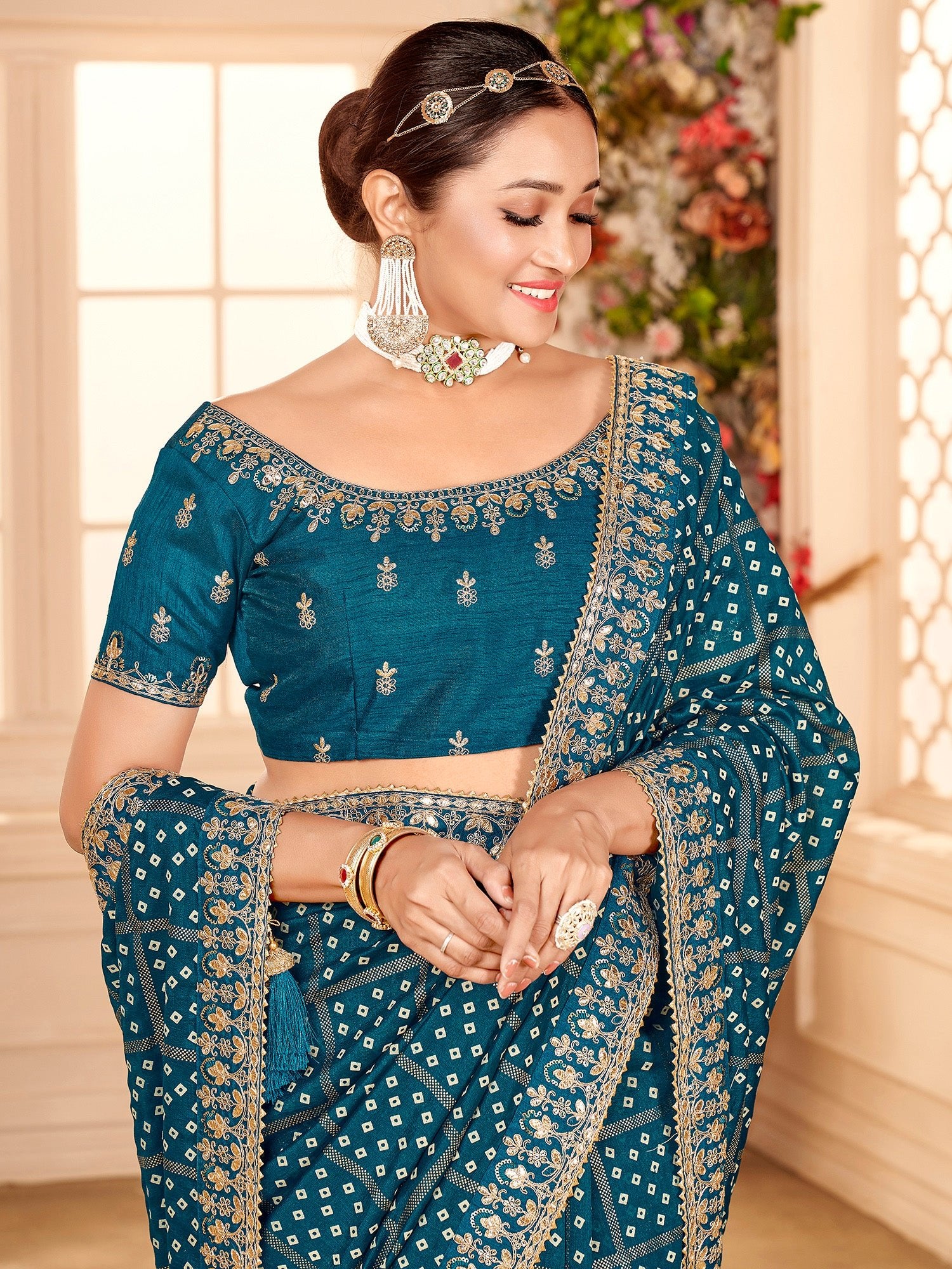 Sophisticated Rama Blue Embroidered Saree - Ressa