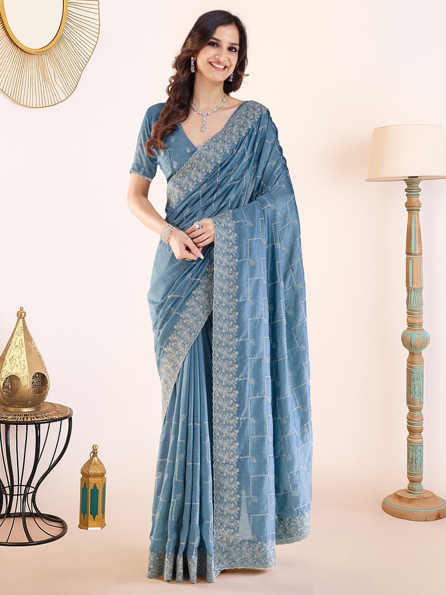 Steel Blue Embroidered Georgette Saree with Blouse - Ressa