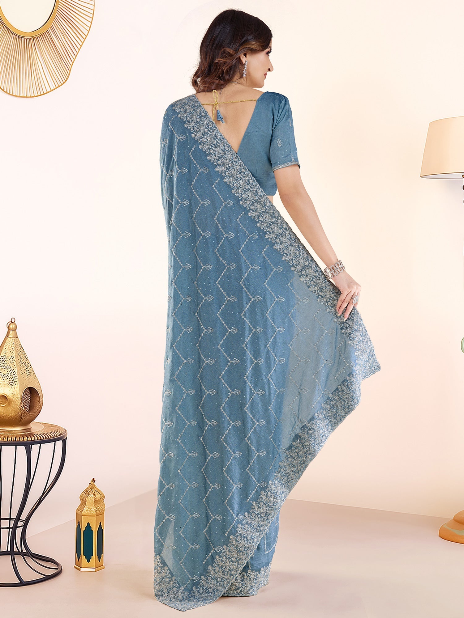 Steel Blue Embroidered Georgette Saree with Blouse - Ressa