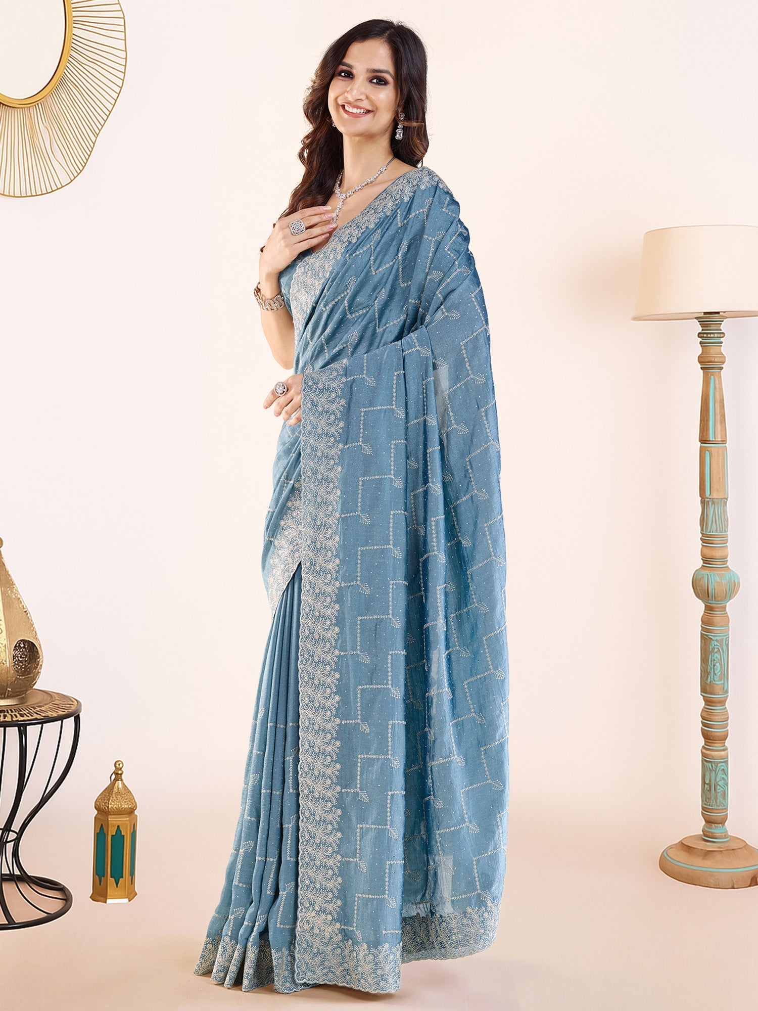 Steel Blue Embroidered Georgette Saree with Blouse - Ressa