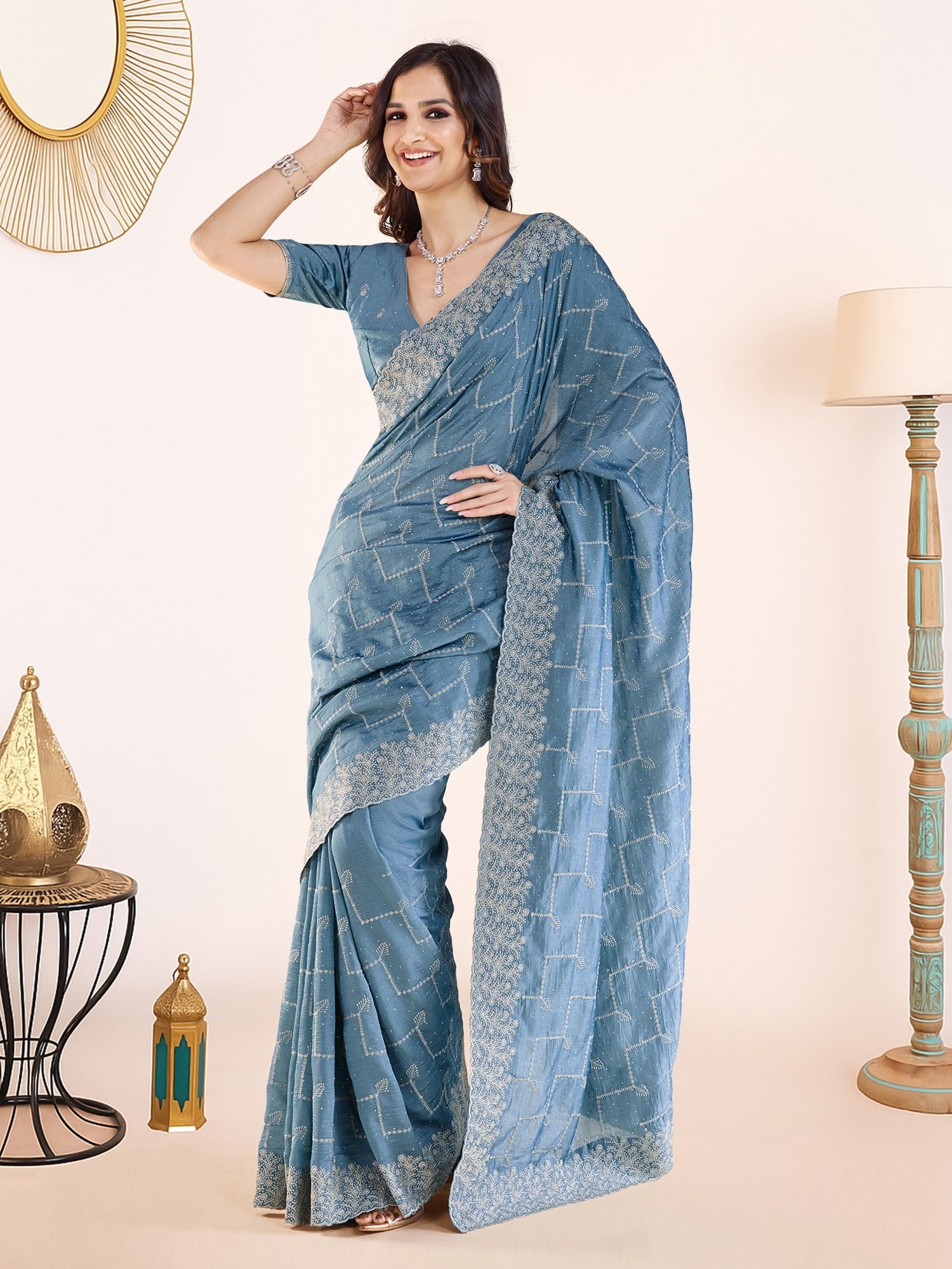 Steel Blue Embroidered Georgette Saree with Blouse - Ressa