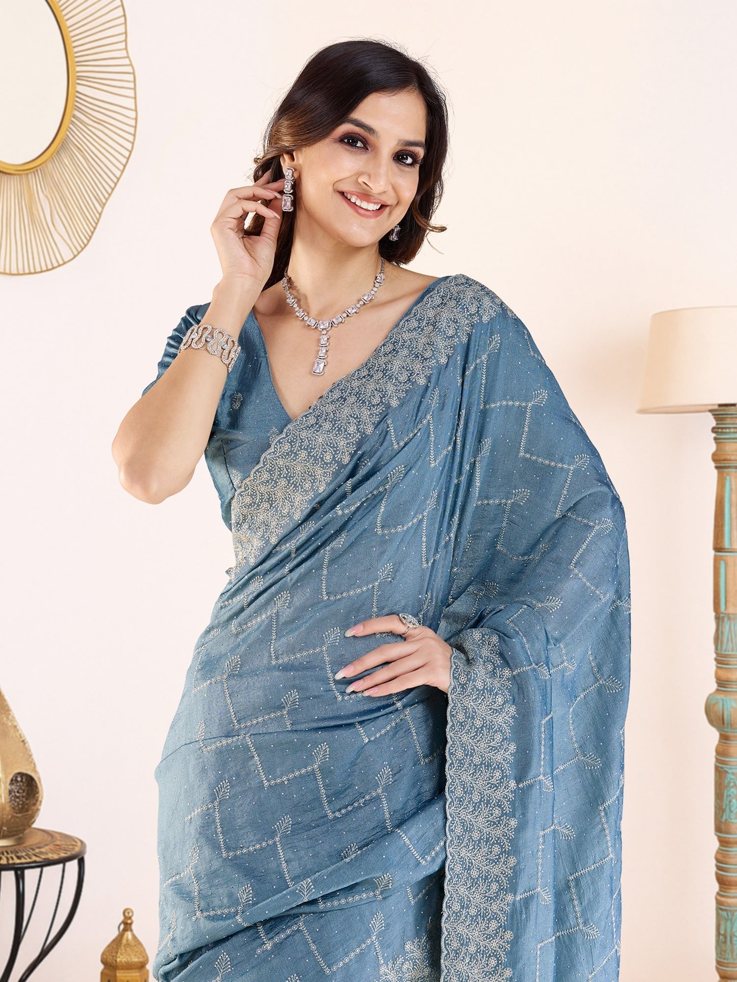Steel Blue Embroidered Georgette Saree with Blouse - Ressa