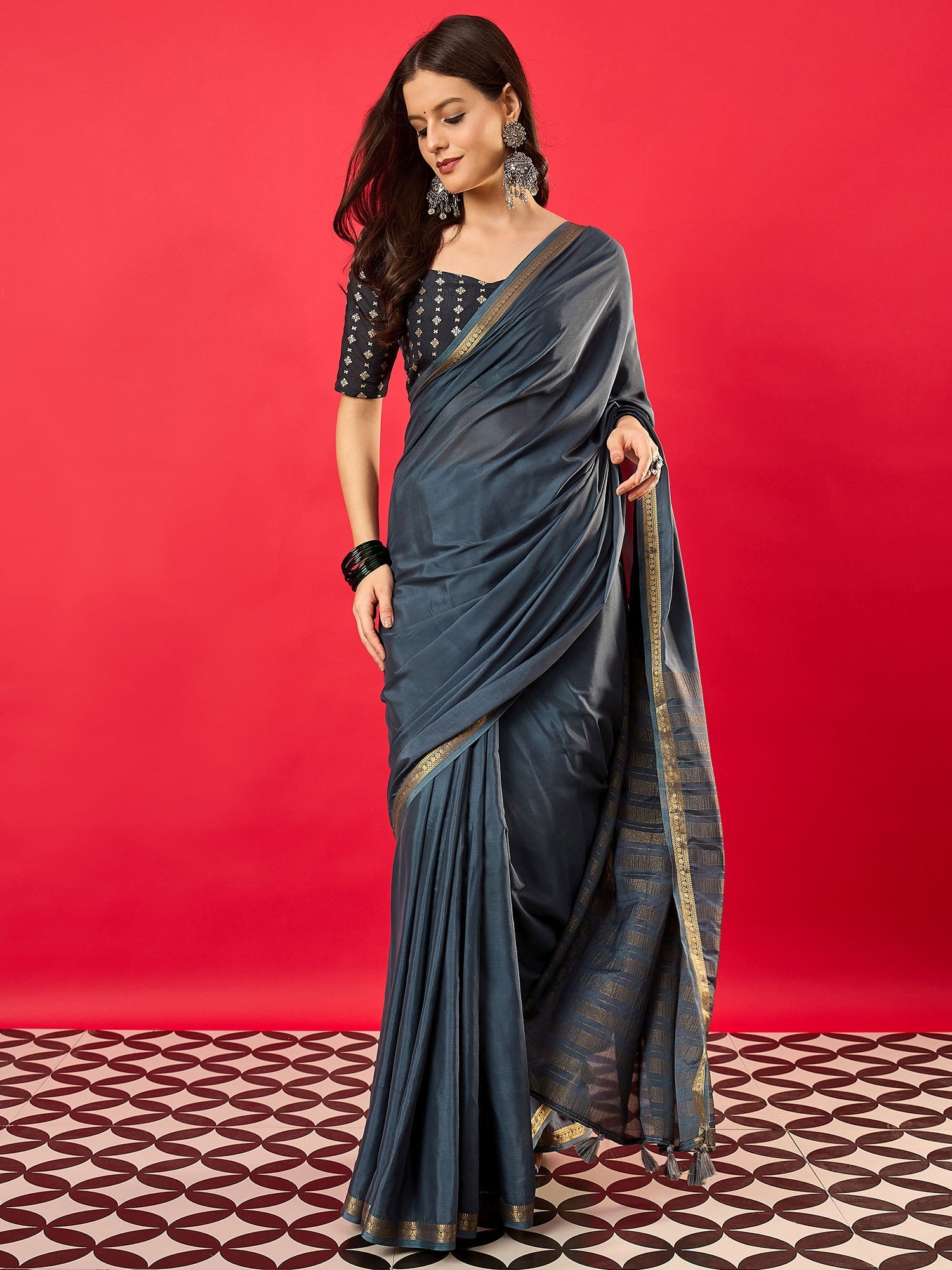 Steel Blue Mysore Silk Saree with Zari Border - Ressa