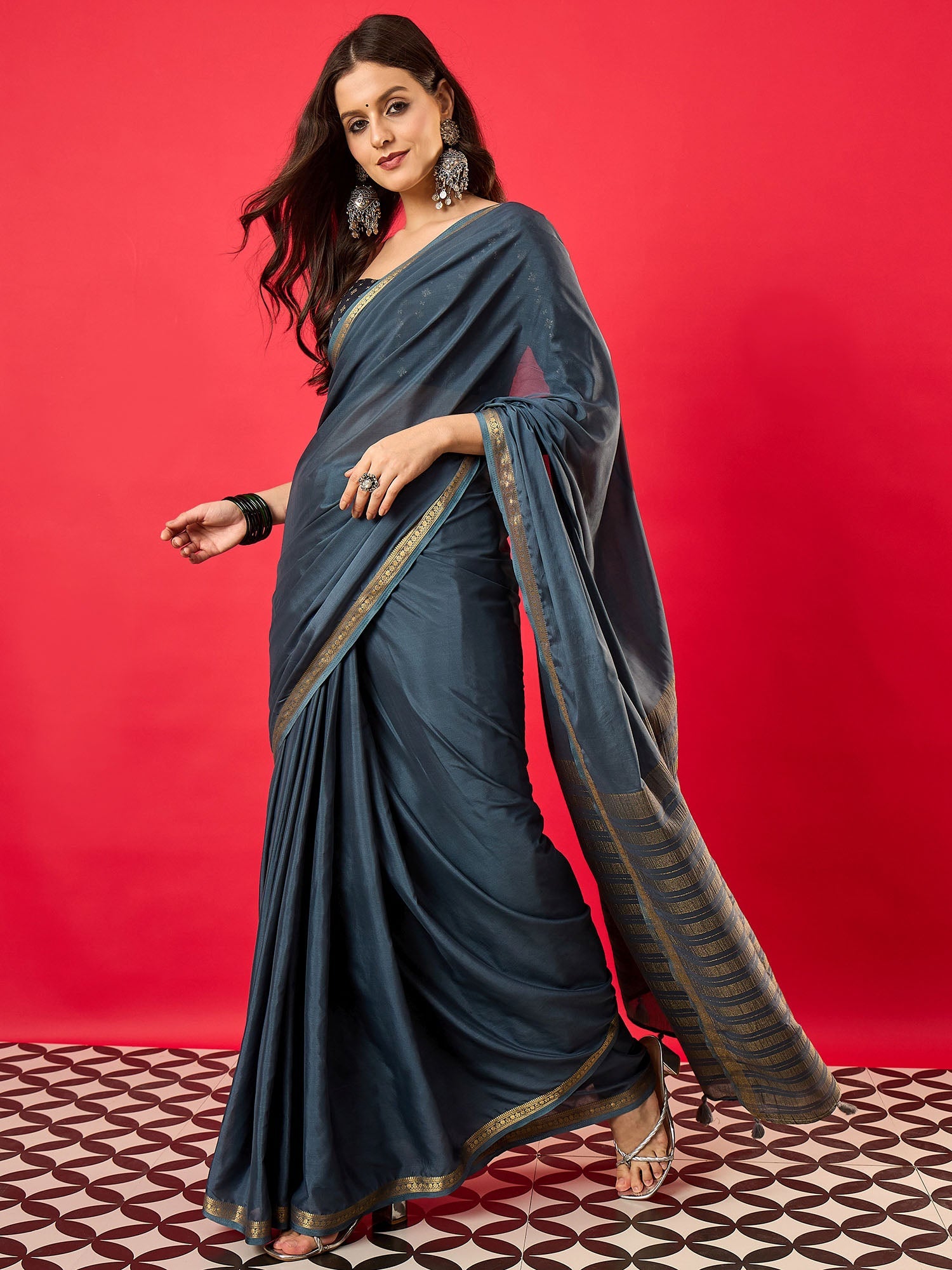 Steel Blue Mysore Silk Saree with Zari Border - Ressa