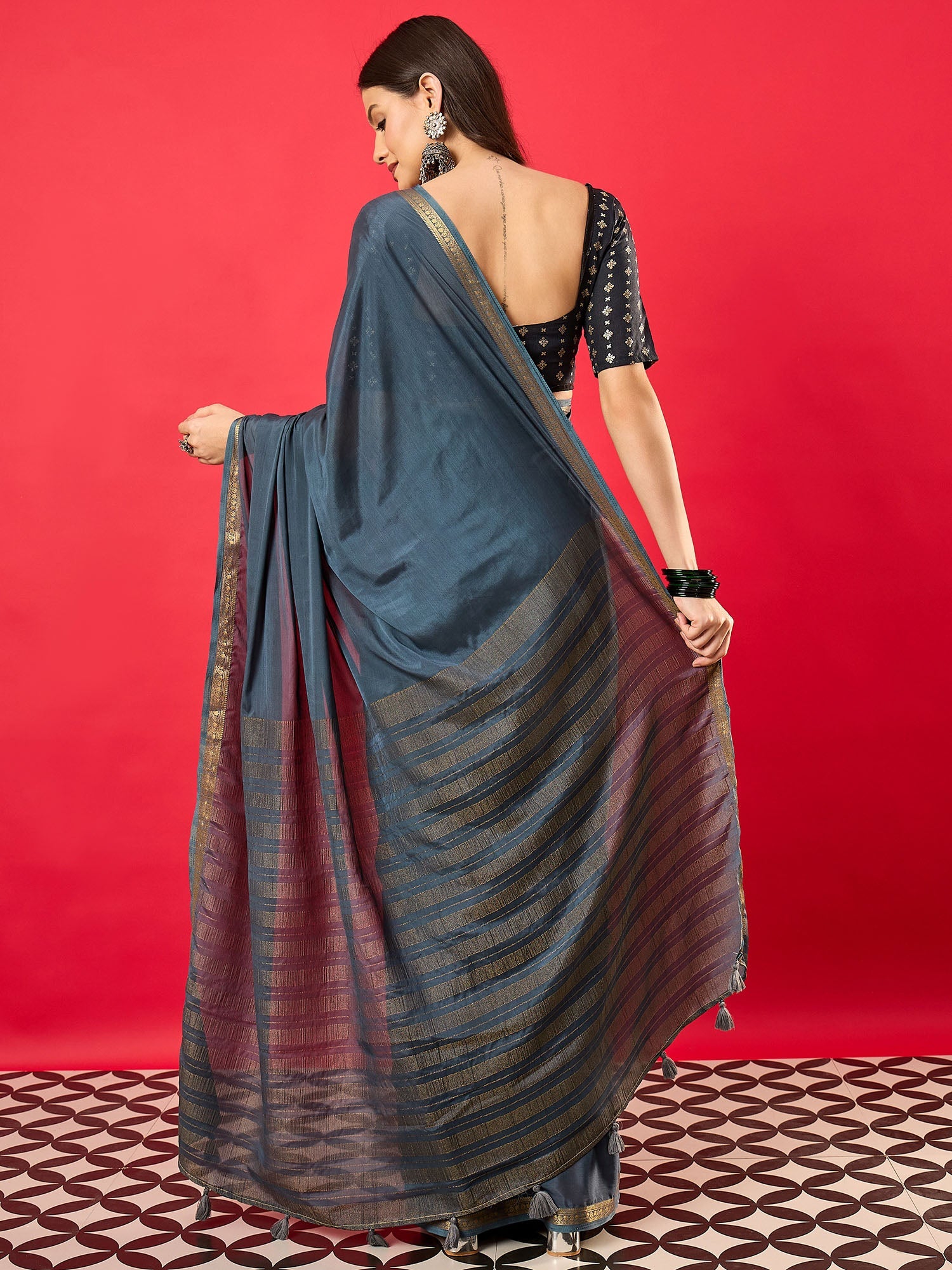 Steel Blue Mysore Silk Saree with Zari Border - Ressa