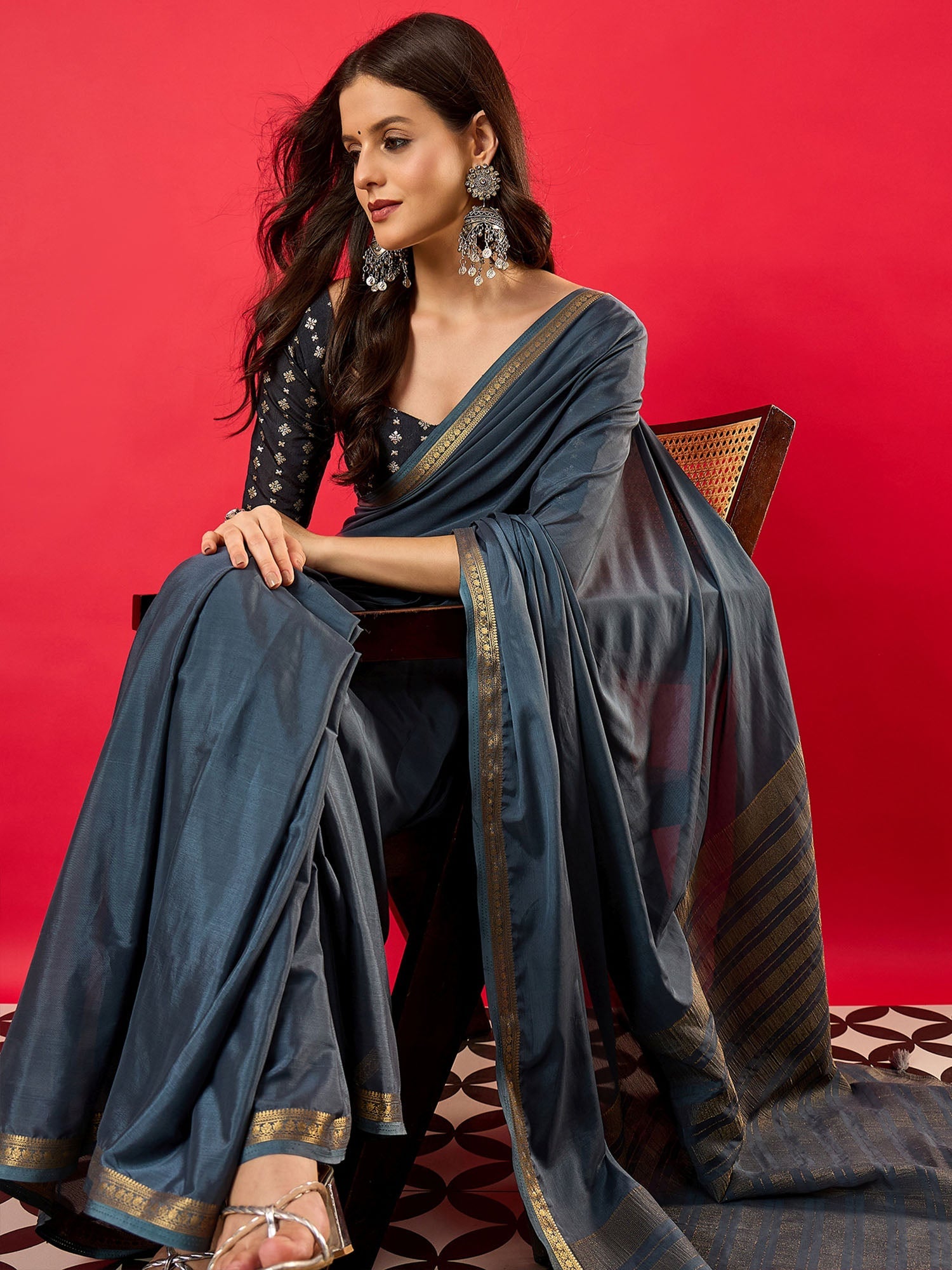 Steel Blue Mysore Silk Saree with Zari Border - Ressa