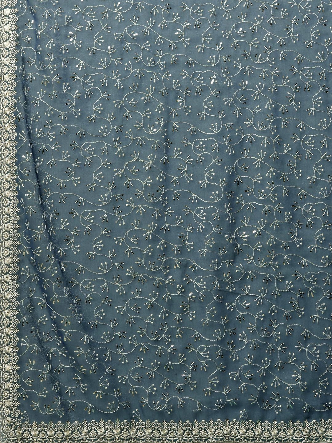Steel Blue Organza Embroidered Saree with Sequin Border - Ressa